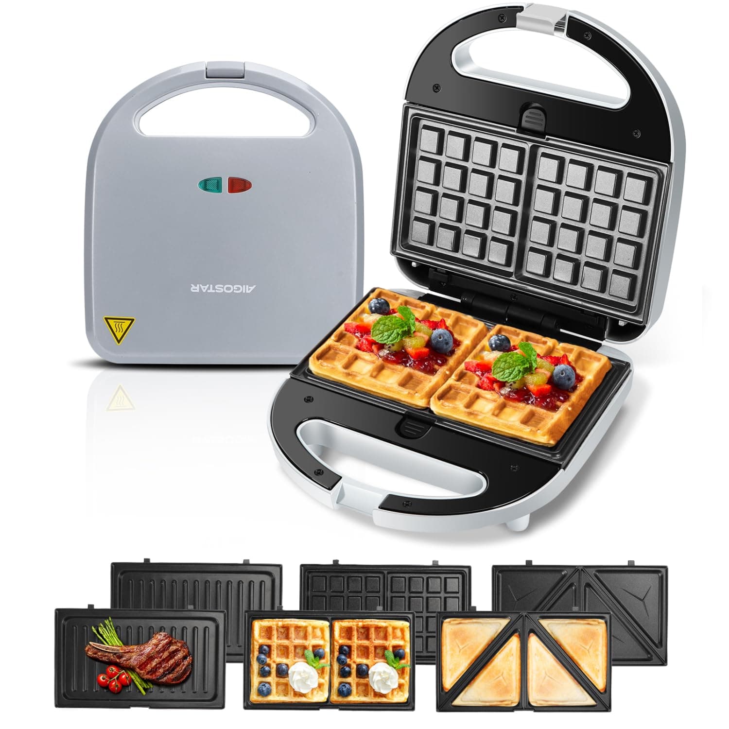 Aigostar Sandwich maker 3 in 1, Sandwich Maker, Kontaktgrill, Waffeleisen 3 in 1, 750W, Antihaftbeschichtete abnehmbare Platten, wärmeisolierter Griffe, Grau, Grace Angebot bei HelloDeals