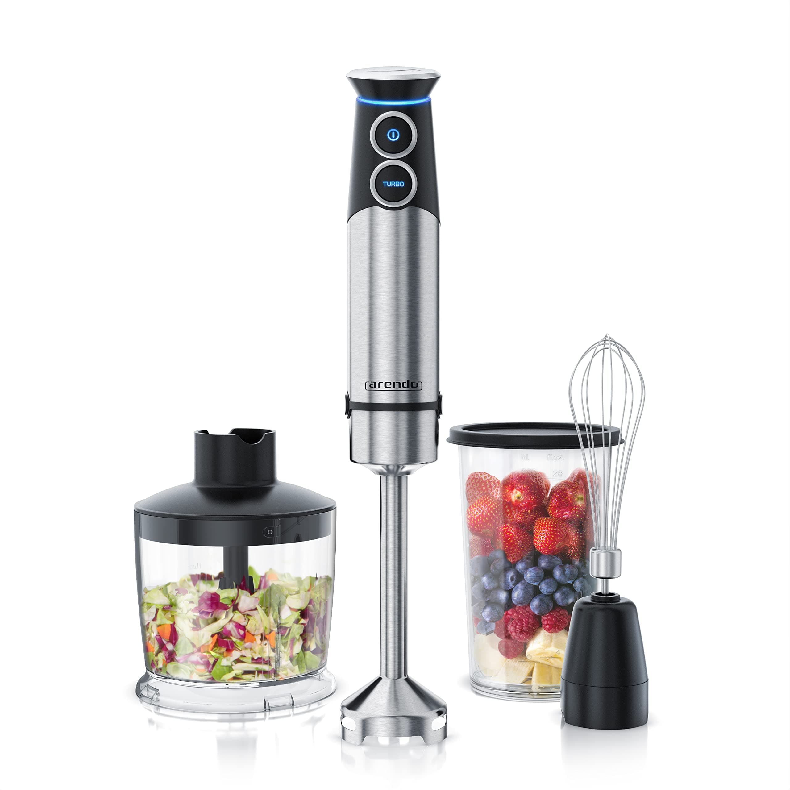 Arendo - Stabmixer Edelstahl 1500 Watt Set - Pürierstab - stufenlose Geschwindigkeit - Turbotaste – 4-flügeliges Messer - 800 ml Messbecher – Schneebesen A: 1500 Watt Angebot bei HelloDeals