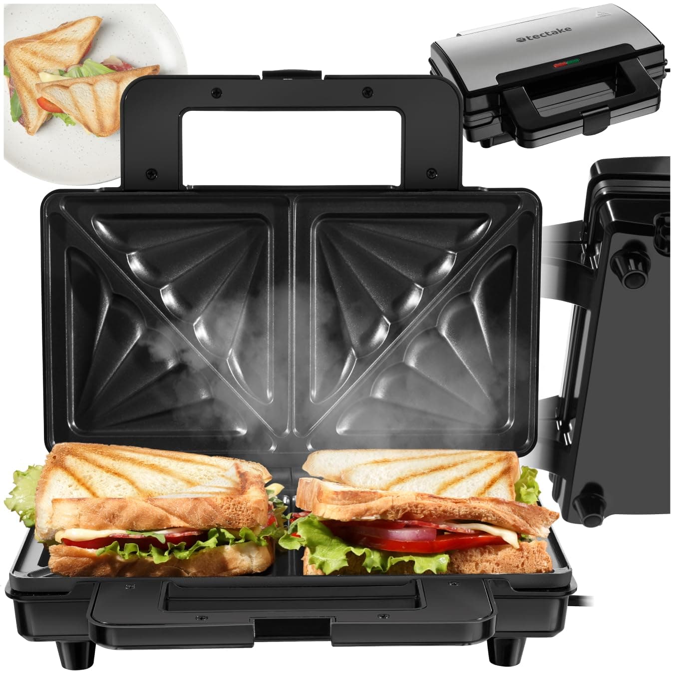 tectake® Sandwichtoaster, Sandwichmaker Panini Grill, Tischgrill Kontaktgrill elektrisch mit Platten, Haushaltsgeräte für Toast, spezielles Muster, antihaftbeschichtet Angebot bei HelloDeals