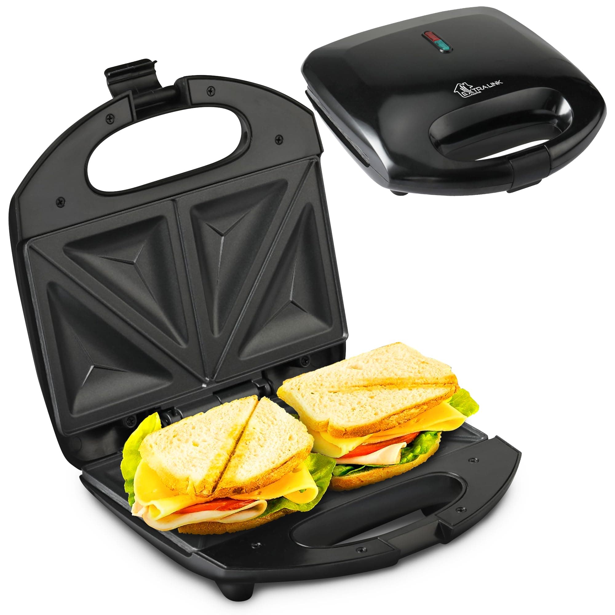 Extralink Sandwichmaker, Toaster Sandwichtoaster 750W - Sandwichtoaster mit Rutschfesten Füßen, Isoliertem Griff, Kontrollleuchten, Antihaftbeschichtung, leicht zu reinigen, dreieckige Toast Angebot bei HelloDeals