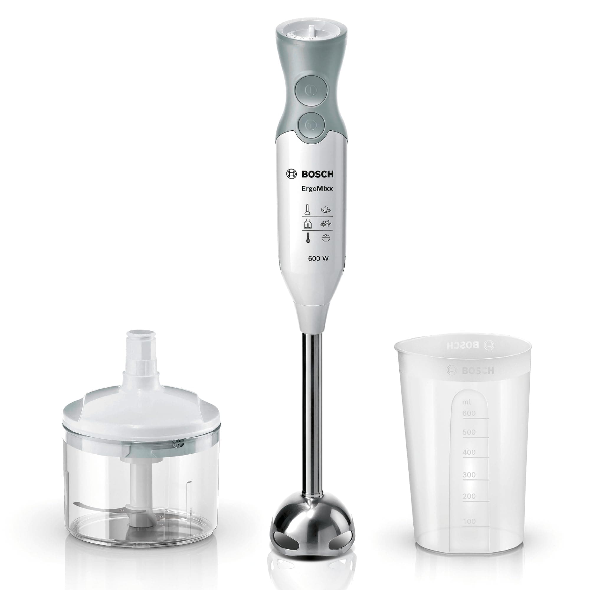 Bosch Stabmixer ErgoMixx, Edelstahl-Mixfuß, Mix- und Messbecher, 4-Klingen-Messer, Zerkleinerer, ergonomisches Design, 12 Stufen plus Turbo, 600 W, weiß/grau, MSM66120 Angebot bei HelloDeals