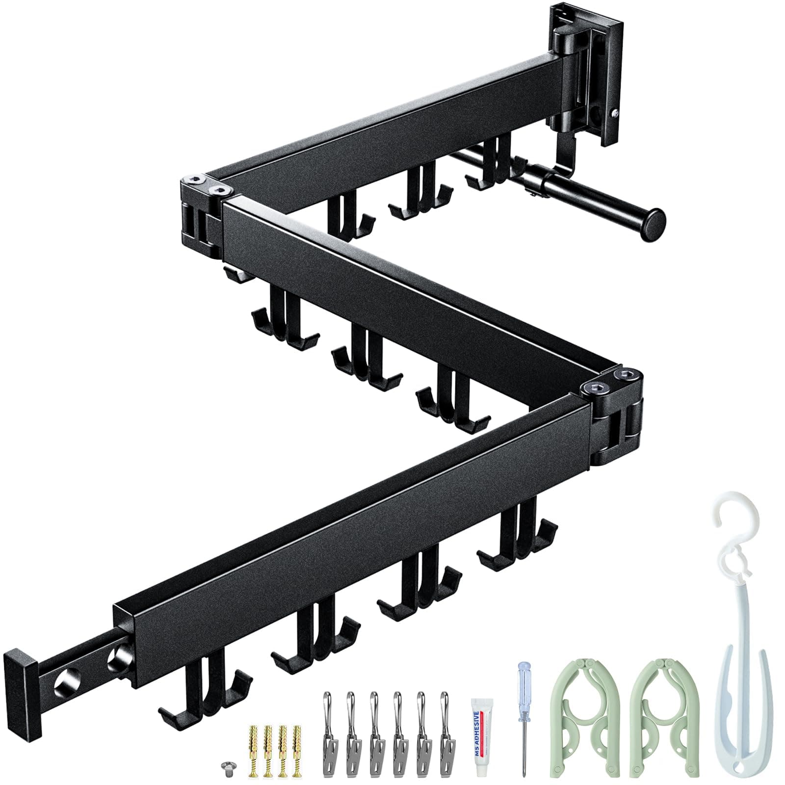 Wäscheständer Wandmontage, Platzsparend,3-Fach Faltbar, Ausziehbar Kleiderstange mit Verlängerungsstange, Aluminium Wandwäschetrockner mit 24 Haken, für Balkon, Terrasse (Schwarz-Doppelhaken) Angebot bei HelloDeals