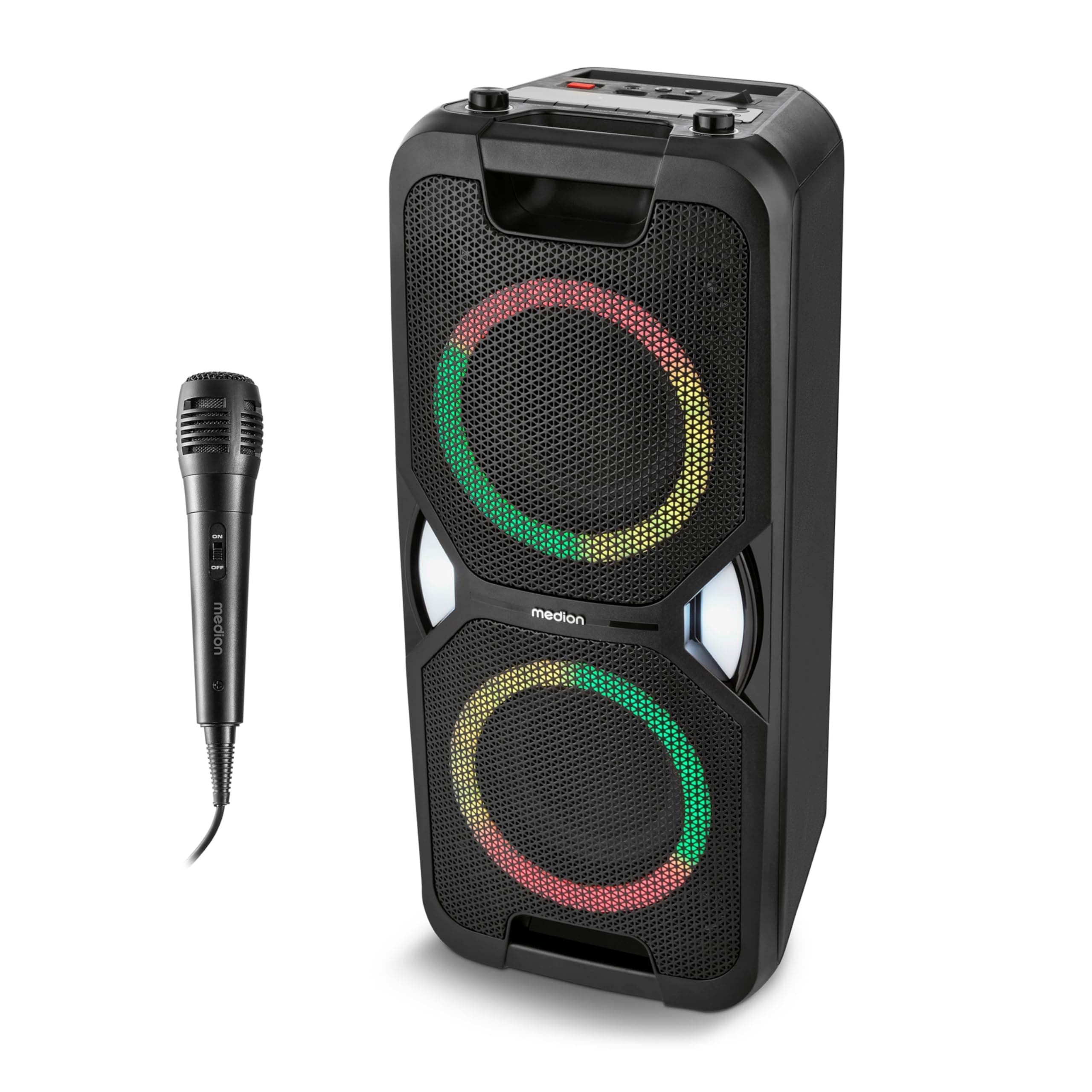 MEDION PE-1 Pure Partybox (Akku, mit Mikrofon, tragbarer Bluetooth Lautsprecher groß, Musikbox, Verschiedene Lichteffekte, Partylautsprecher mit Karaoke, 2 x Mikrofonanschluss, AUX, USB, Radio) 2x 250 Watt (25W RMS) Angebot bei HelloDeals