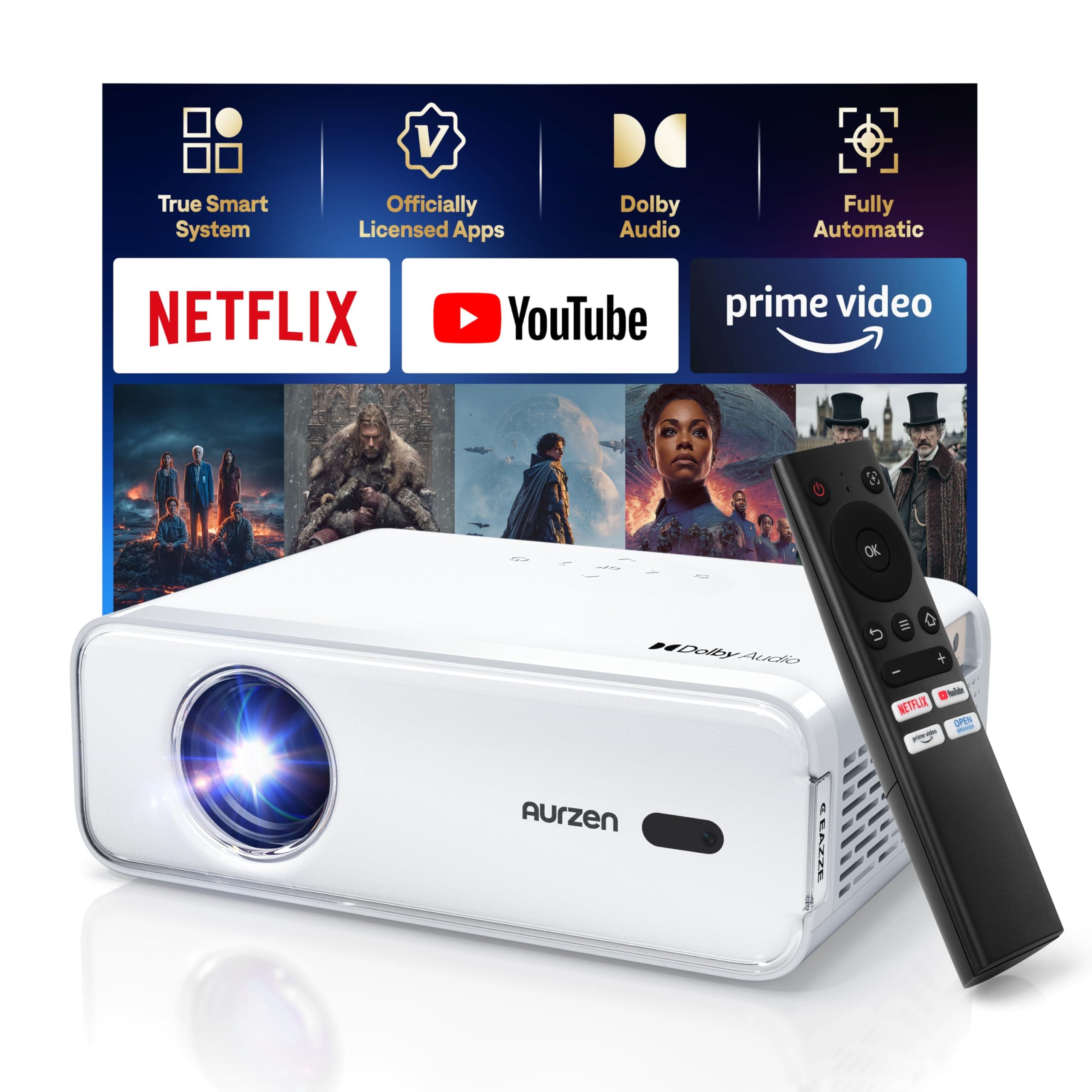 Aurzen Eazze D1 Smart Beamer Heimkino Projektor 4K Unterstützt Full HD 1080P Beamer mit NetfIix Officially & DoIby Audio, Autofokus & Trapezkorrektur, Mini WiFi Bluetooth Video Projektor, Weiß Angebot bei HelloDeals
