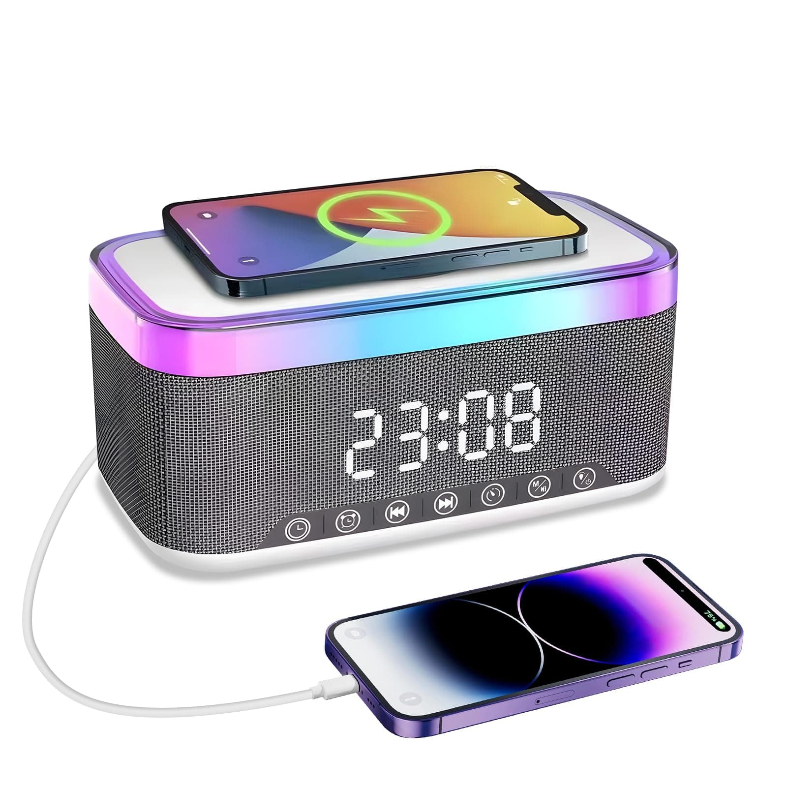 Radio wecker Digital mit Ladestation, 15W Fast Wireless Charger, Digitaler Radiowecker mit Bluetooth Lautsprecher, 13 LED-Leuchten, USB-Kabelloser Ladegerät, FM-Radio, Smart Wecker mit ladefunktion Grau Angebot bei HelloDeals