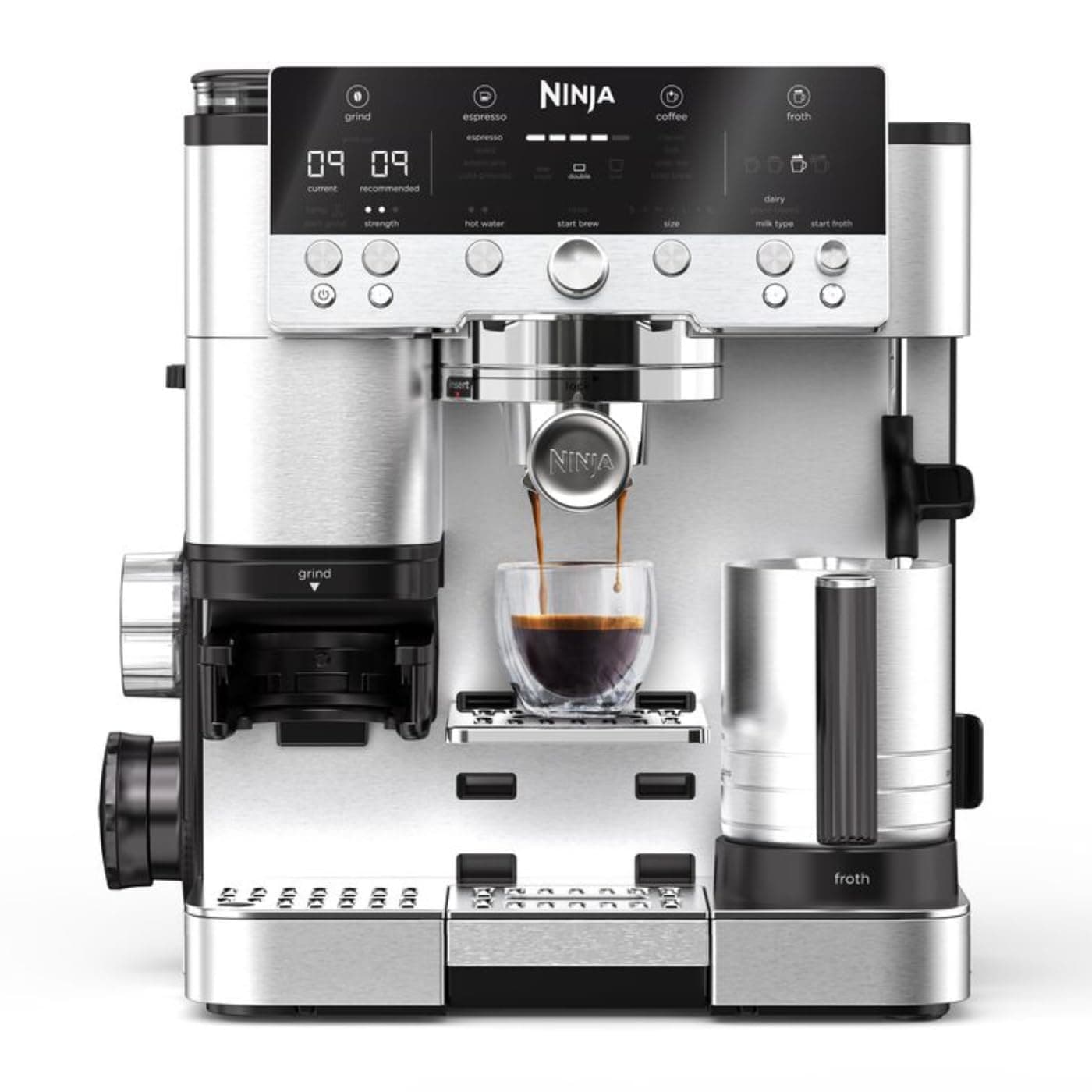 Ninja Luxe Premier 3-in-1-Kaffeemaschine mit Mahlwerk und Aufschäumer für Latte, Cappuccino, Cold Brew & Espresso, einfache Handhabung, 4 Voreinstellungen zum Aufschäumen, Silber, ES601EU Angebot bei HelloDeals