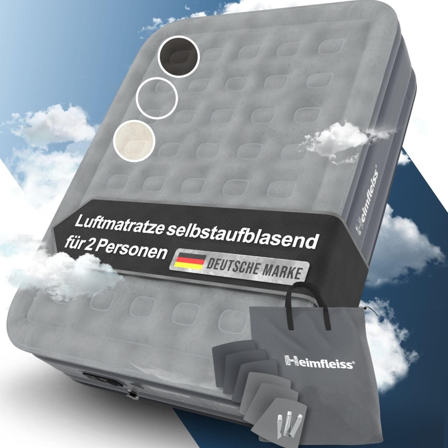 Heimfleiss® Luftmatratze selbstaufblasend 150x200 cm | Premium Luftbett 2 Personen | Schnell Aufblasbare Matratze ideal nutzbar als Gästebett & Camping Bett | Selbstaufblasbare Gästematratze mit Pumpe 2 Personen Grau Angebot bei HelloDeals