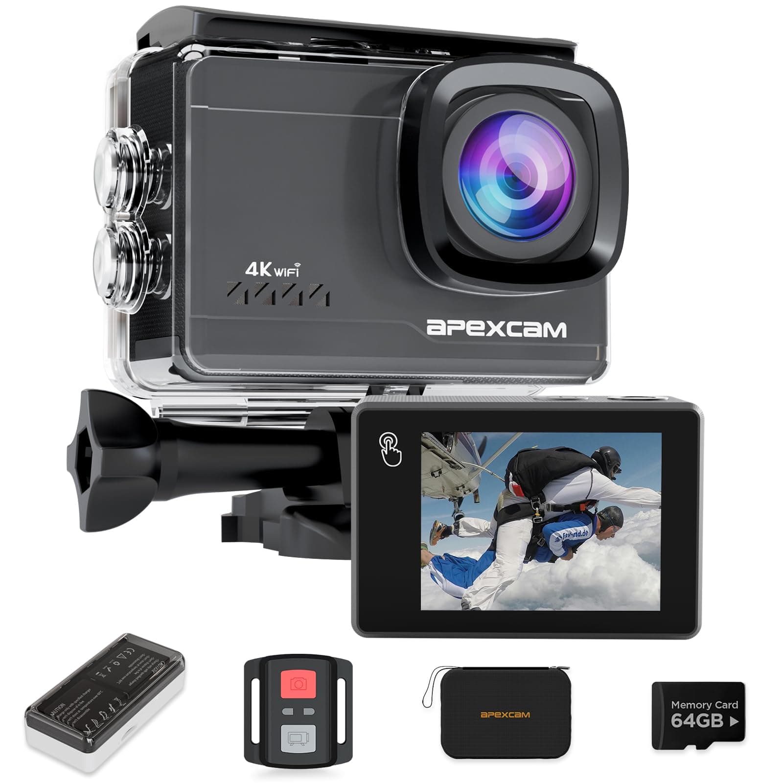 Apexcam M90 mit 64G Karte Action Cam 4K60FPS 64MP WLAN EIS Bildstabilisierung Sportkamera mit Touchscreeen Unterwasserkamera 40m Wasserdicht 8X Zoom 2.4G Fernbedienung 2x1350mAh Akkus mit Zubehör-Set M90+64GB Karte Angebot bei HelloDeals