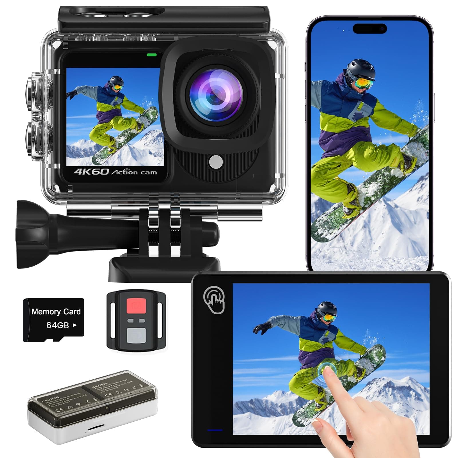 Touchscreen 4K60FPS Action Cam mit 64G Karte, 40M Unterwasserkamera 48MP HD WiFi Kamera mit EIS 8X Zoom Wasserdicht Actionkameras Weitwinkel Sportkamera mit 2 * 1350 mAh Akkus Angebot bei HelloDeals