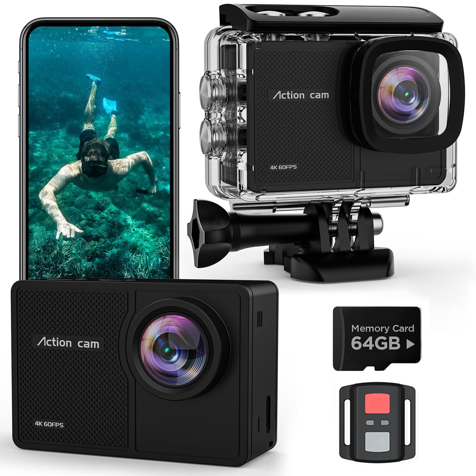 4K 60FPS Action Cam, Unterwasserkamera mit 64G SD Karte 48MP HD WiFi Kamera mit EIS 40M Wasserdicht Actionkameras Weitwinkel Sportkamera mit 2 * 1350 mAh Akkus Helmhalterung Zubehör Kits T-16 Angebot bei HelloDeals