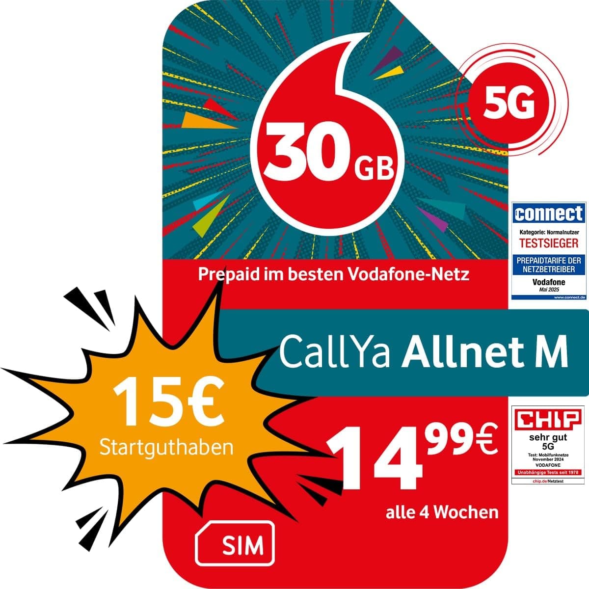 Vodafone Prepaid CallYa M | 30 GB | 15 EUR Startguthaben | ohne Vertrag | 5G-Netz | Telefon- SMS-Flat | EU-Roaming 1 Monat Angebot bei HelloDeals