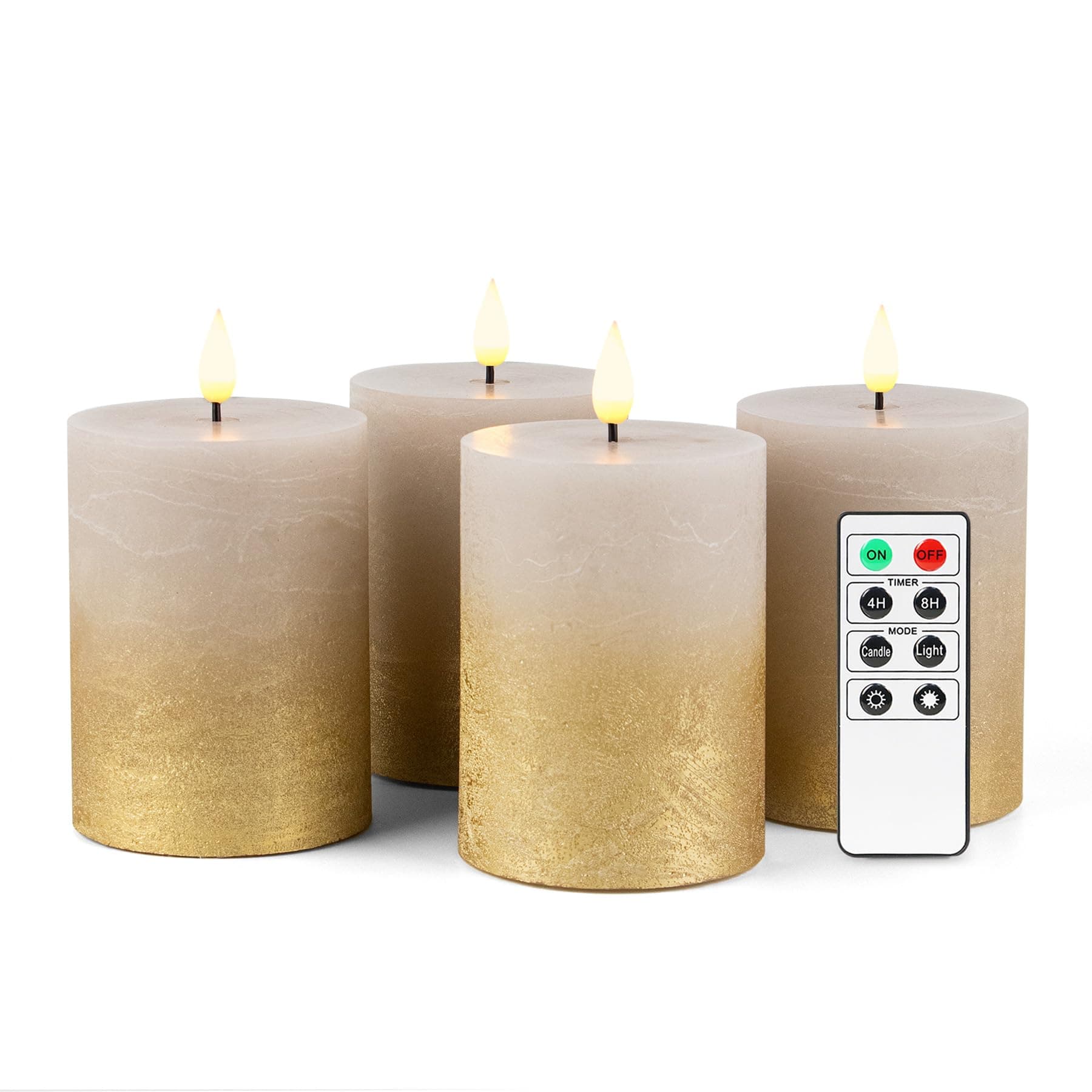 Fanna 4 LED Flammenlose Echtwachs kerzen Rustikale Design, Batteriekerzen mit Timer für Weihnachten Dekorationen und Advent, Fernbedienung und Batterien enthalten - H 10cm - Sandgrau/Gold Sandgrau/Gold Stumpenkerzen Angebot bei HelloDeals