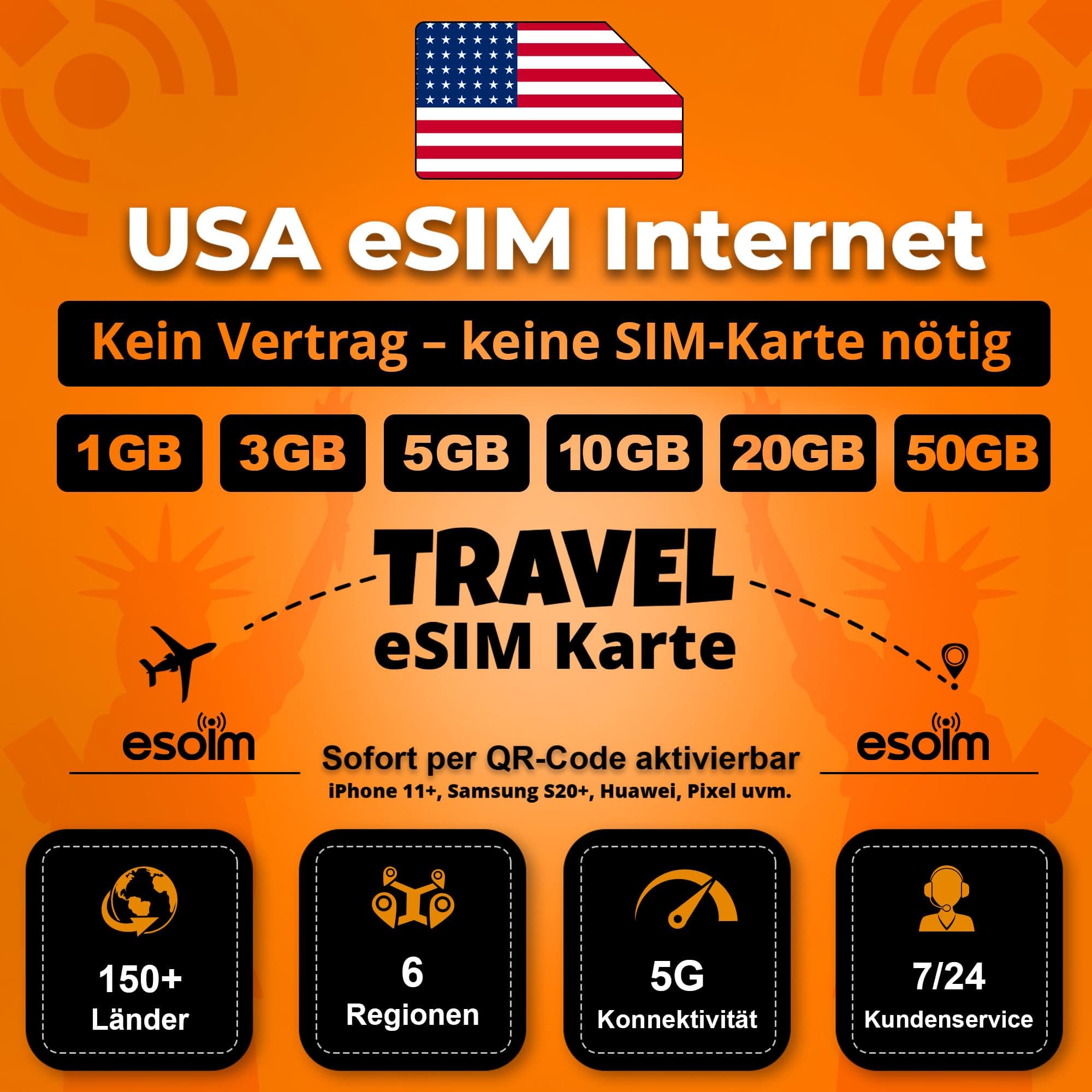 eSIM Karte für USA – Kein Vertrag, Keine SIM, Nur QR-Code - LTE/5G | Travel SIM (50GB - 90 Tage) 50GB - 180Days Angebot bei HelloDeals