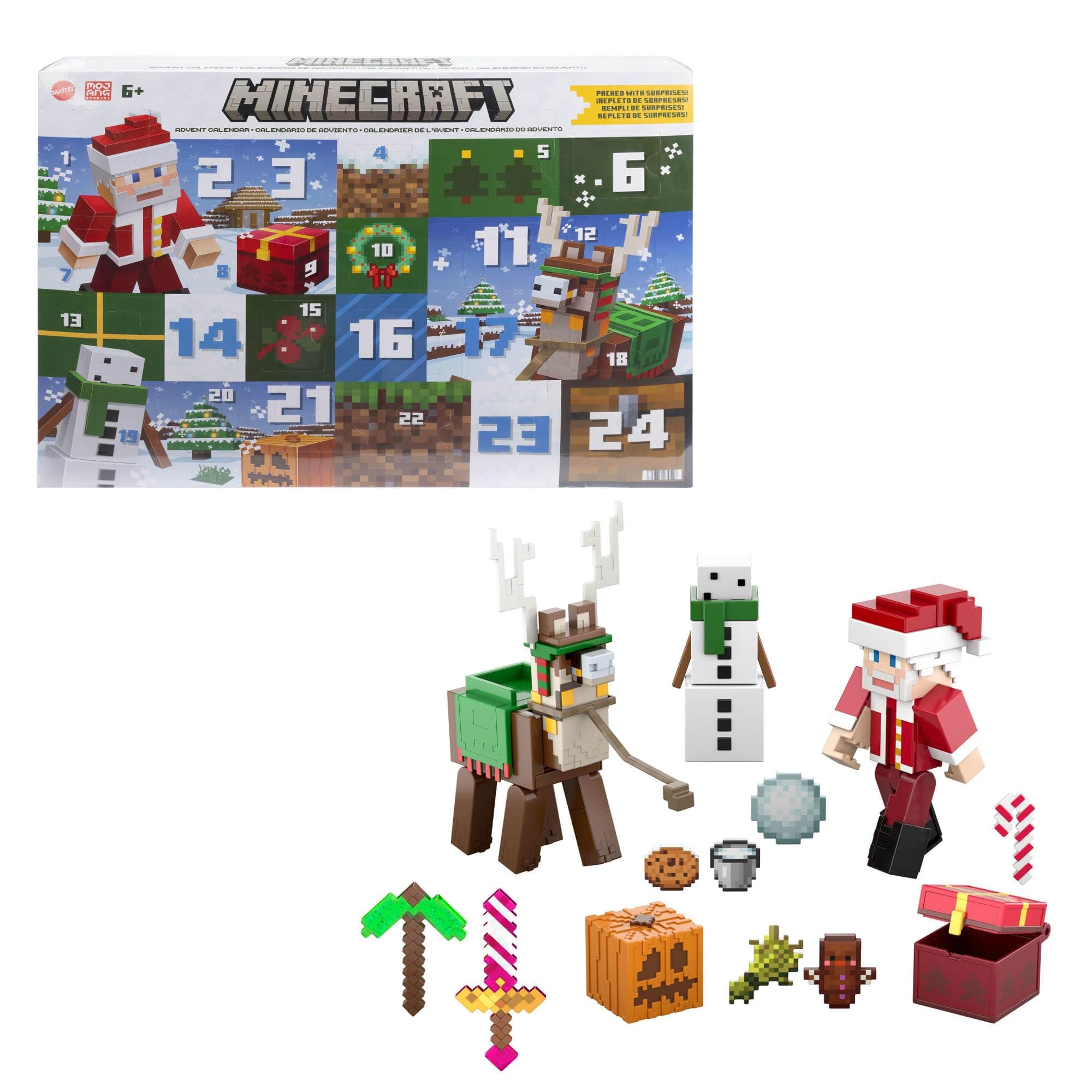 Mattel Minecraft-Adventskalender, 3 maßstabsgetreue, ca. 8 cm große Actionfiguren, einschließlich Weihnachtsmann, 17 Zubehörteile und 4 Aufkleber, pixeliges Design, HXM86 Angebot bei HelloDeals