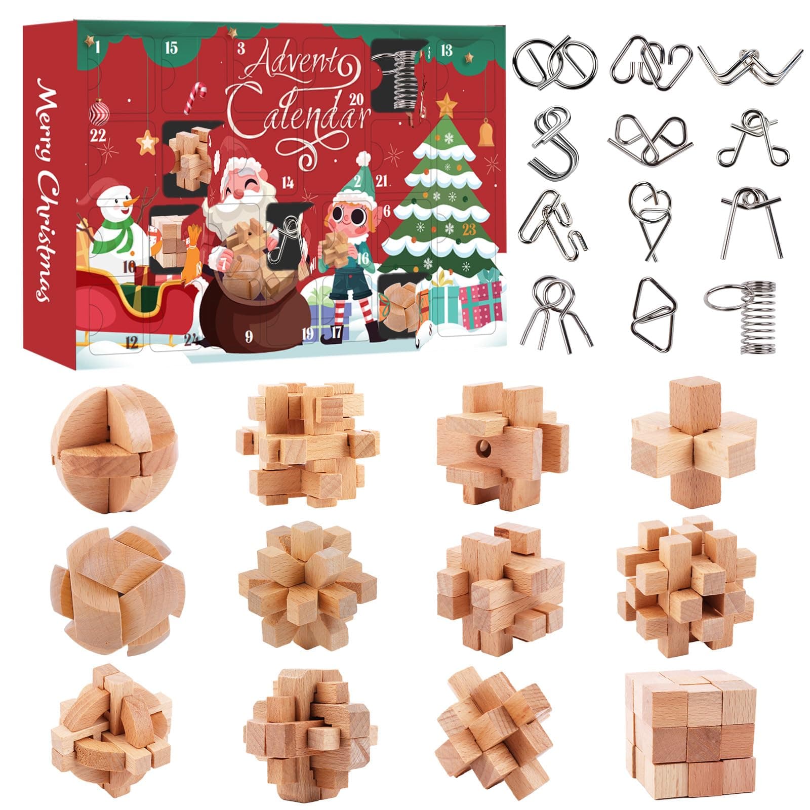 Adventskalender 2025 Knobelspiele für Erwachsene & Kinder, 24 Tage von Weihnachtskalender Countdown mit Metall Knobelei und 3D Holzk Puzzle, Weihnachts Geschenke für Jungen Mädchen Teenager Angebot bei HelloDeals