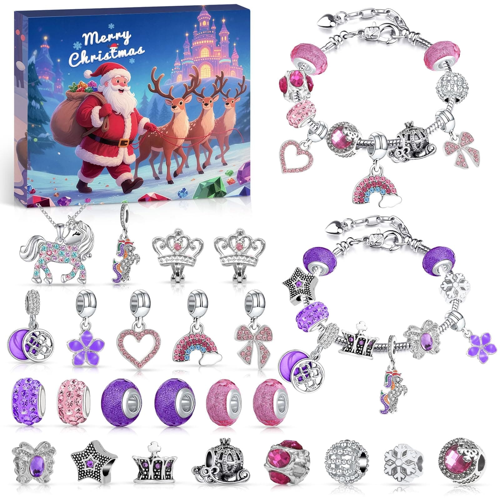 Adventskalender 2025 Kinder Mädchen, Weihnachtskalender Schmuck, 24 Füllung Charms Armbänder Halsketten Kit, Weihnachten Mädchen Geschenk für 6-13 Jahre Adventskalenderschmuck (Rosa + Lila Armband) Angebot bei HelloDeals