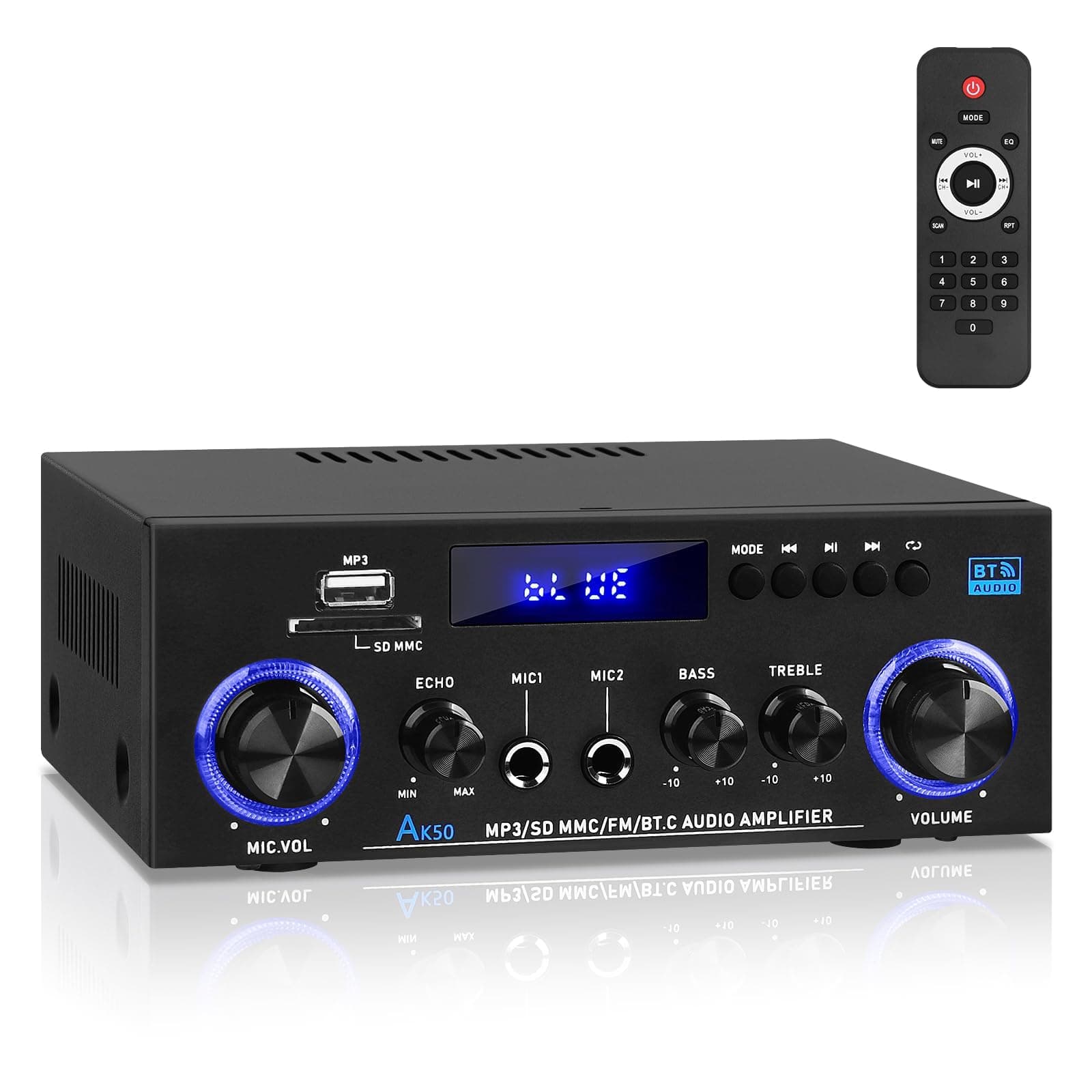 AK50 HiFi-Verstärker mit Bluetooth RMS 60WX2 Stereo Audio Verstärker Empfänger 2.0 Kanal Max 400W Ausgang Mini Verstärker Lautsprecherverstärker w/FM Radio,Echo,Mikrofon,USB,SD-Eingang für Zuhause Angebot bei HelloDeals