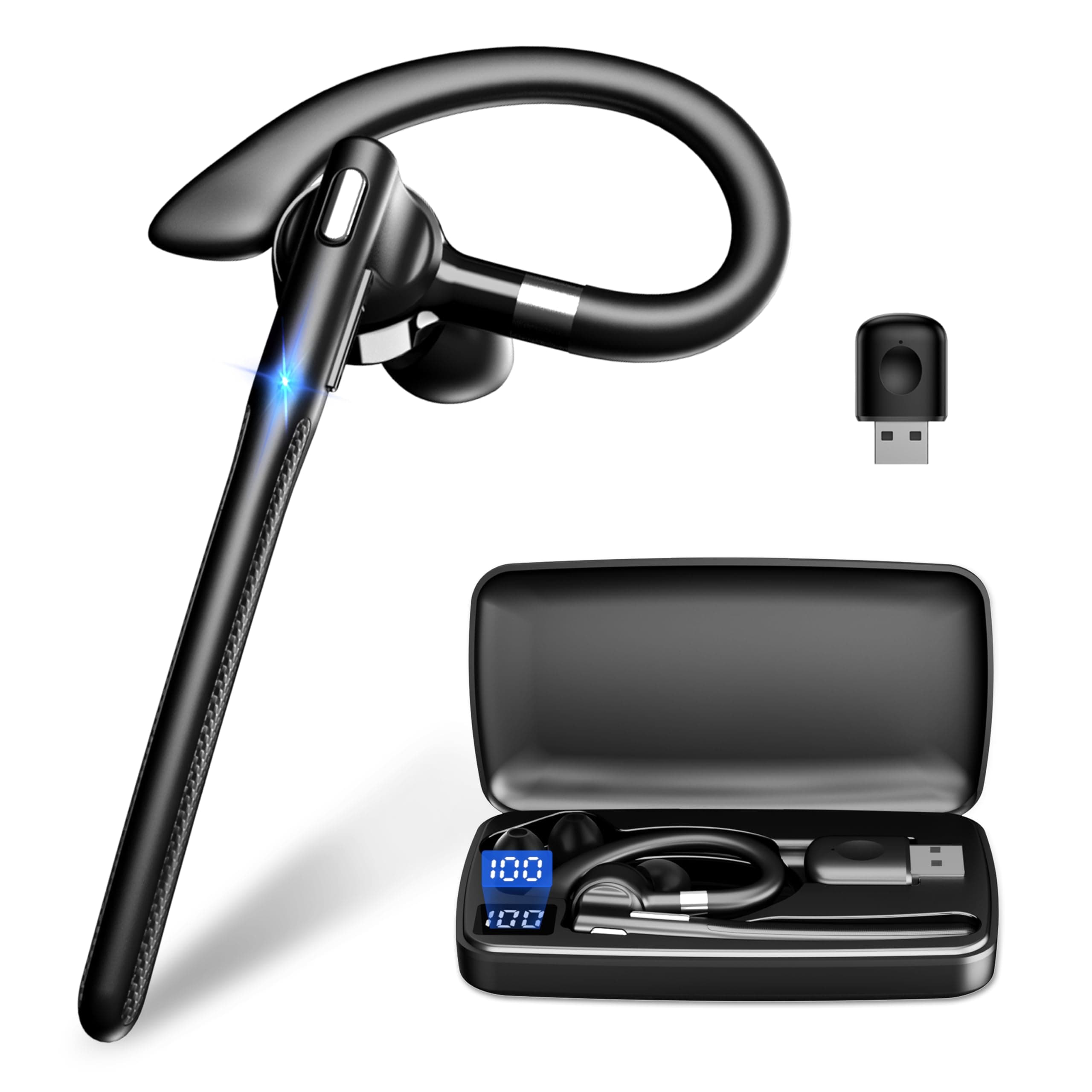 Headset mit Mikrofon USB Bluetooth 6.1 Kabellos Kopfhörer 180 Std Bereitschaftszeit Freisprech Handy Ohrhörer 1,5 Std Schnellladung LED Ladebox Zwei-Geräte-Verbindung für Autofahren/Business/Büro Schwarz-01 Angebot bei HelloDeals