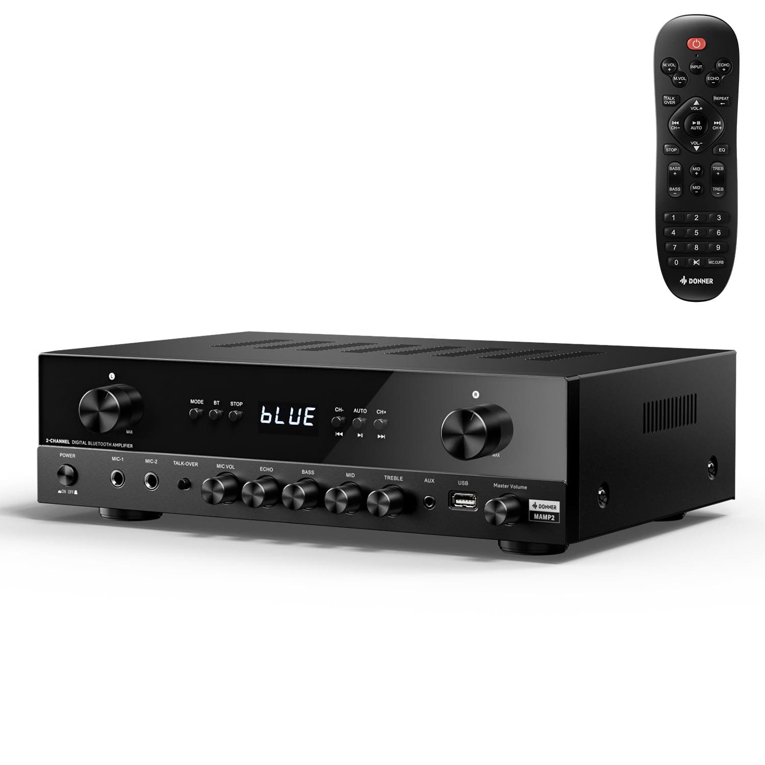 Donner Stereo Verstärker, 600 W Peak, 2-Kanal-Receiver mit Bluetooth 5.3, Phono, Optisch, Koaxial, USB, FM, 2 Mikrofoneingänge, Aux, Cinch-Eingang für Heim-, Karaoke- und Theaterlautsprecher, MAMP2 Angebot bei HelloDeals