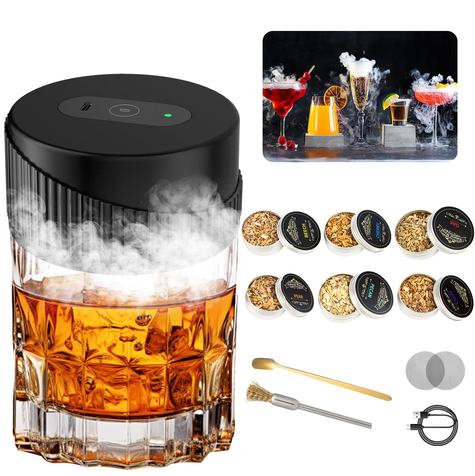 Elektrischer Cocktail Smoker Kit, USB-C wiederaufladbar Whisky Smoker Set, altmodisches Whiskey Räucherset mit 6 Holzchips, Cocktail Zubehör für Whiskey und Bourbon, für Vater, Cocktail-Liebhaber Angebot bei HelloDeals