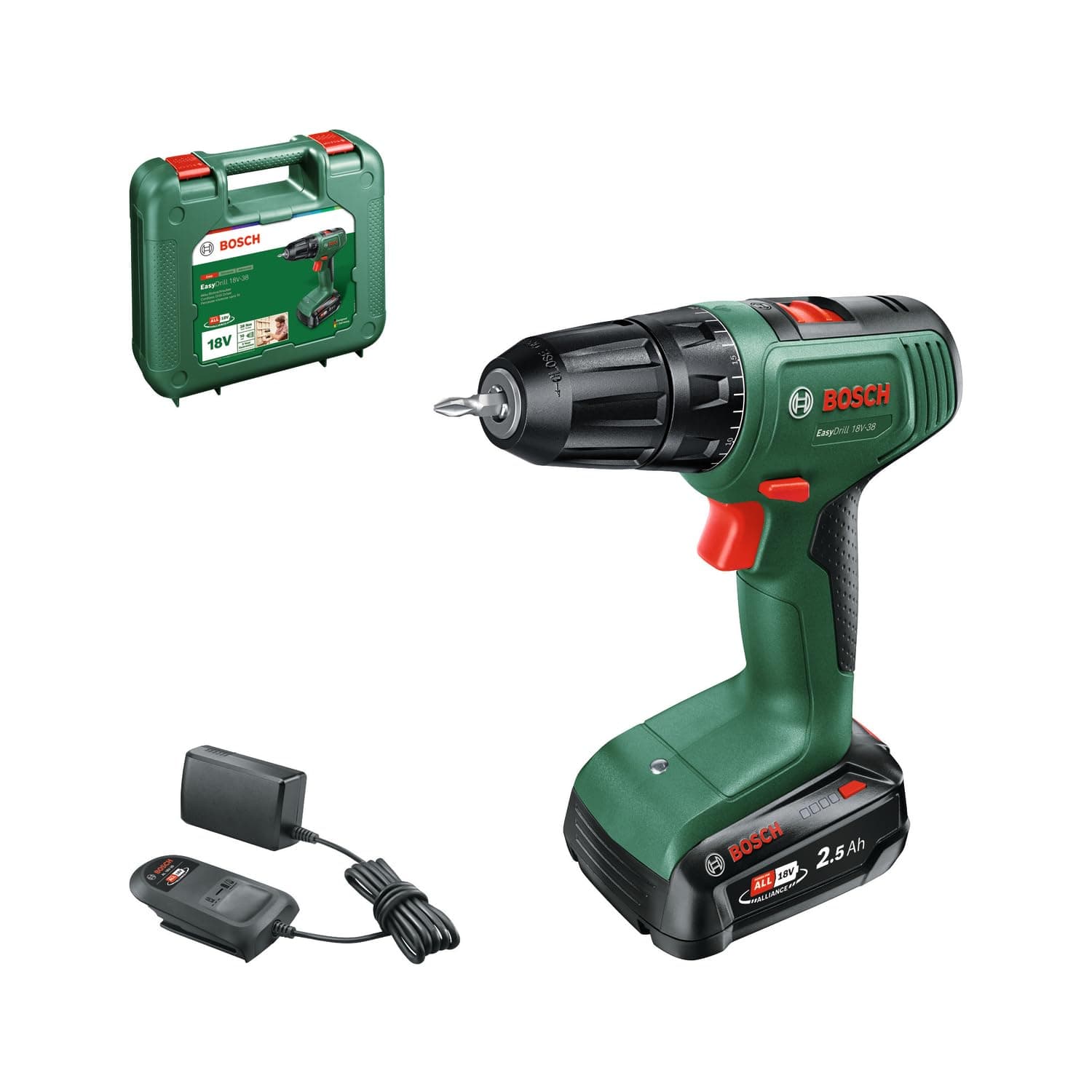 Bosch Akkuschrauber EasyDrill 18V-38 (1x Akku 2,5 Ah; 18 Volt System; im Koffer) 38 Nm | 10mm Bohrfutter 1x 2.5 Ah Akku + AL 18V-20 Angebot bei HelloDeals
