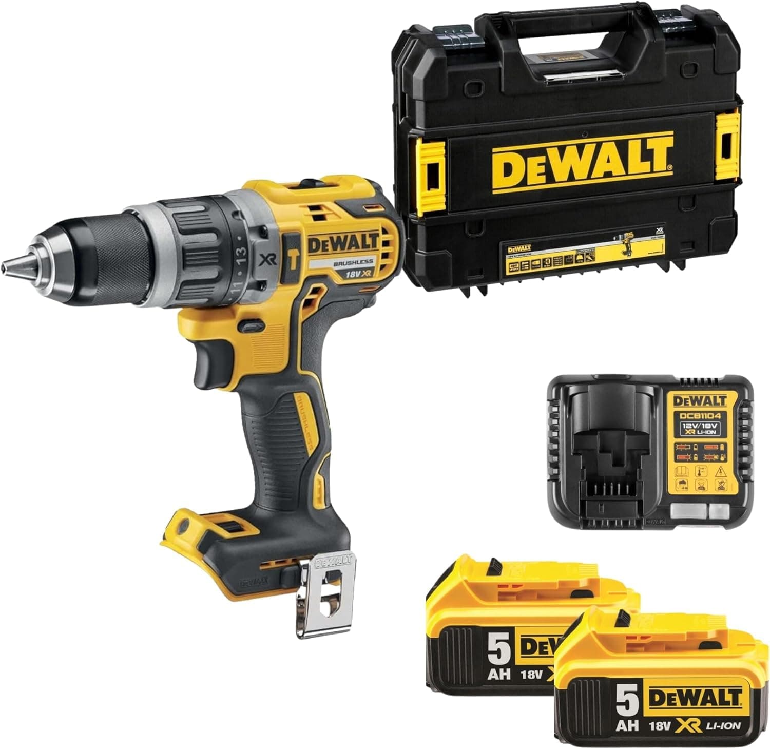 DEWALT XR 18 Volt Akku Schlagbohrschrauber (Bürstenloser Motor, 2-Gang Vollmetallgetriebe, max. Drehmoment 70 Nm, 15 Drehmomentstufen, 2x 18 Volt / 5 Ah Li-Ion Akkus und Ladegerät), DCD796P2-QW Angebot bei HelloDeals