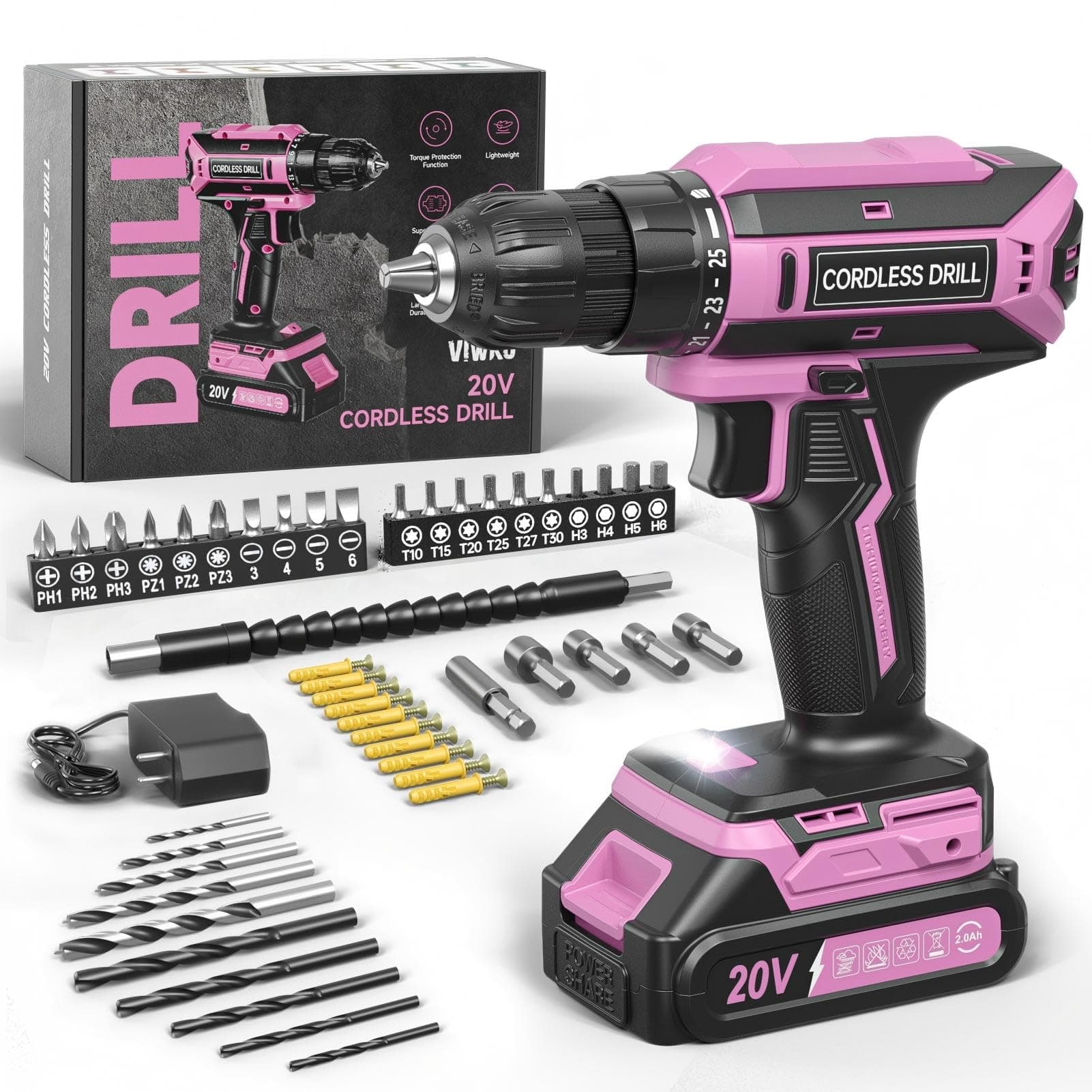 Akkuschrauber, 20V Akku Bohrschrauber, 25+1 Drehmomentstufen Akkubohrer, 42Nm Max Drehmoment, LED-Licht, 56 tlg Akkuschrauber Set für Wartungsarbeiten und Heimwerkerprojekte Rosa Angebot bei HelloDeals