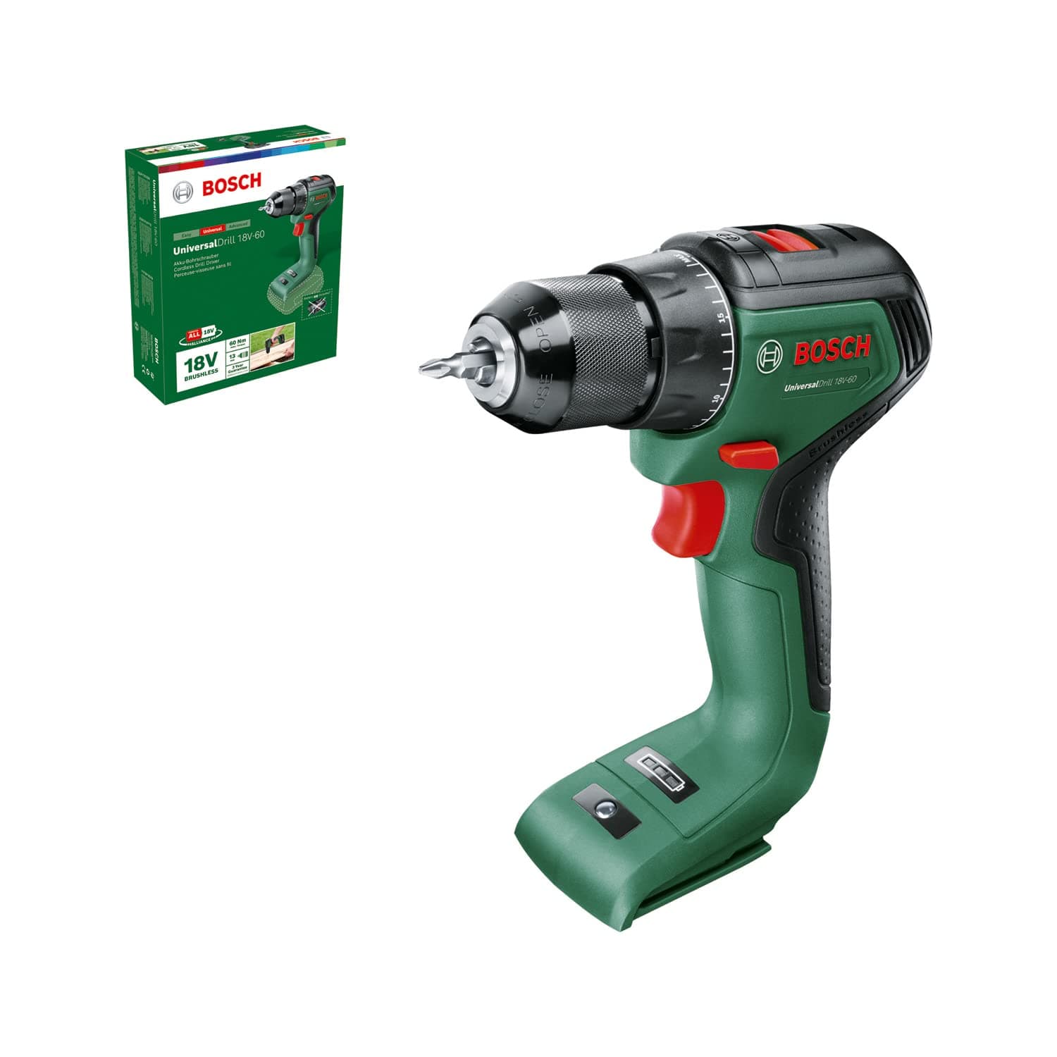 Bosch Akkuschrauber UniversalDrill 18V-60 (ohne Akku, 18 Volt System, im Karton) 60 Nm | 13mm Bohrfutter ohne Akku Angebot bei HelloDeals
