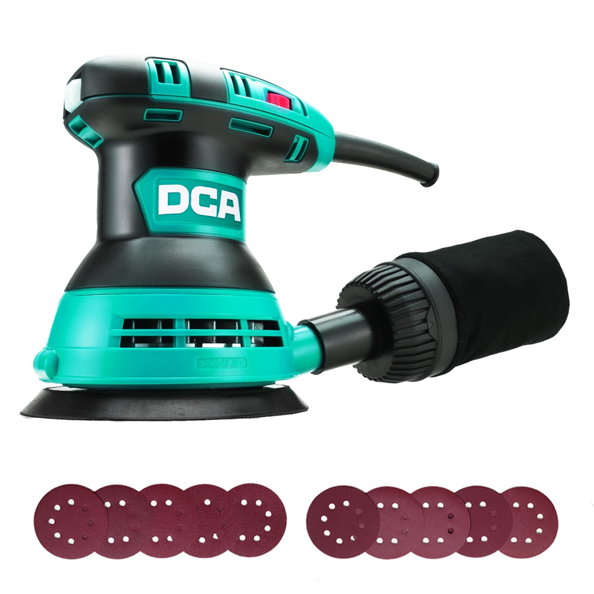 DCA Exzenterschleifer 300W, 125MM Schleifmaschine mit 6 Geschwindigkeiten, Max.12000 U/min, 0.3L Staubfangbehälter und Aubgeschützter Schalter, 10 Schleifpapier für Schleifen, Polieren von Holz, DIY Angebot bei HelloDeals