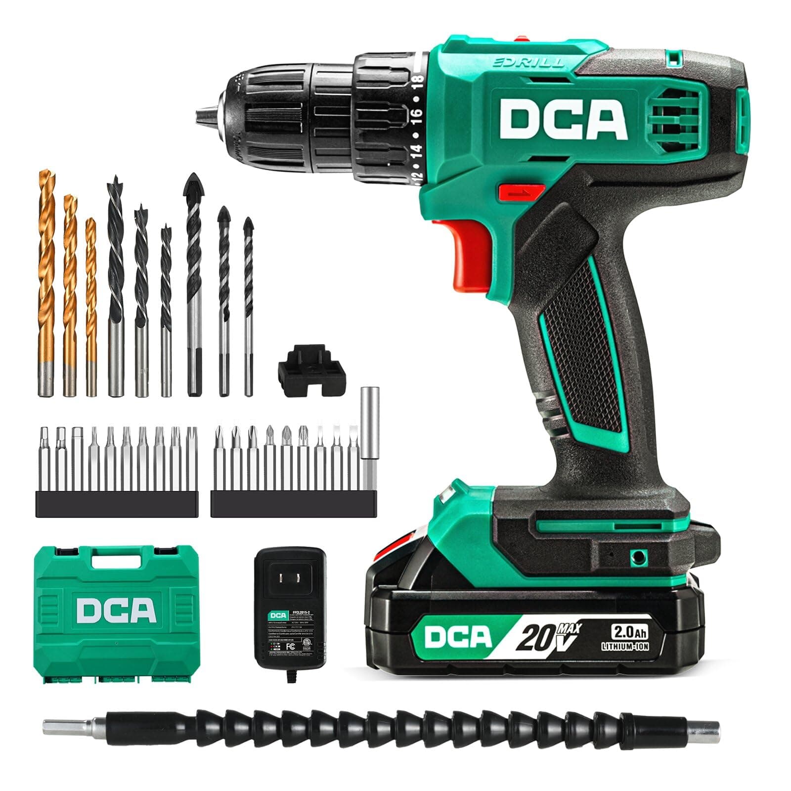 DCA Akku-Bohrschrauber-Set, 40 Nm Drehmoment, 10 mm schlüsselloses Bohrfutter, Elektroschrauber mit 2,0Ah Akku und Ladegerät, 18+1 Drehmomentstufen, 25-teiliges 20V-Bohrerset, Modell ADJZ2035 Angebot bei HelloDeals