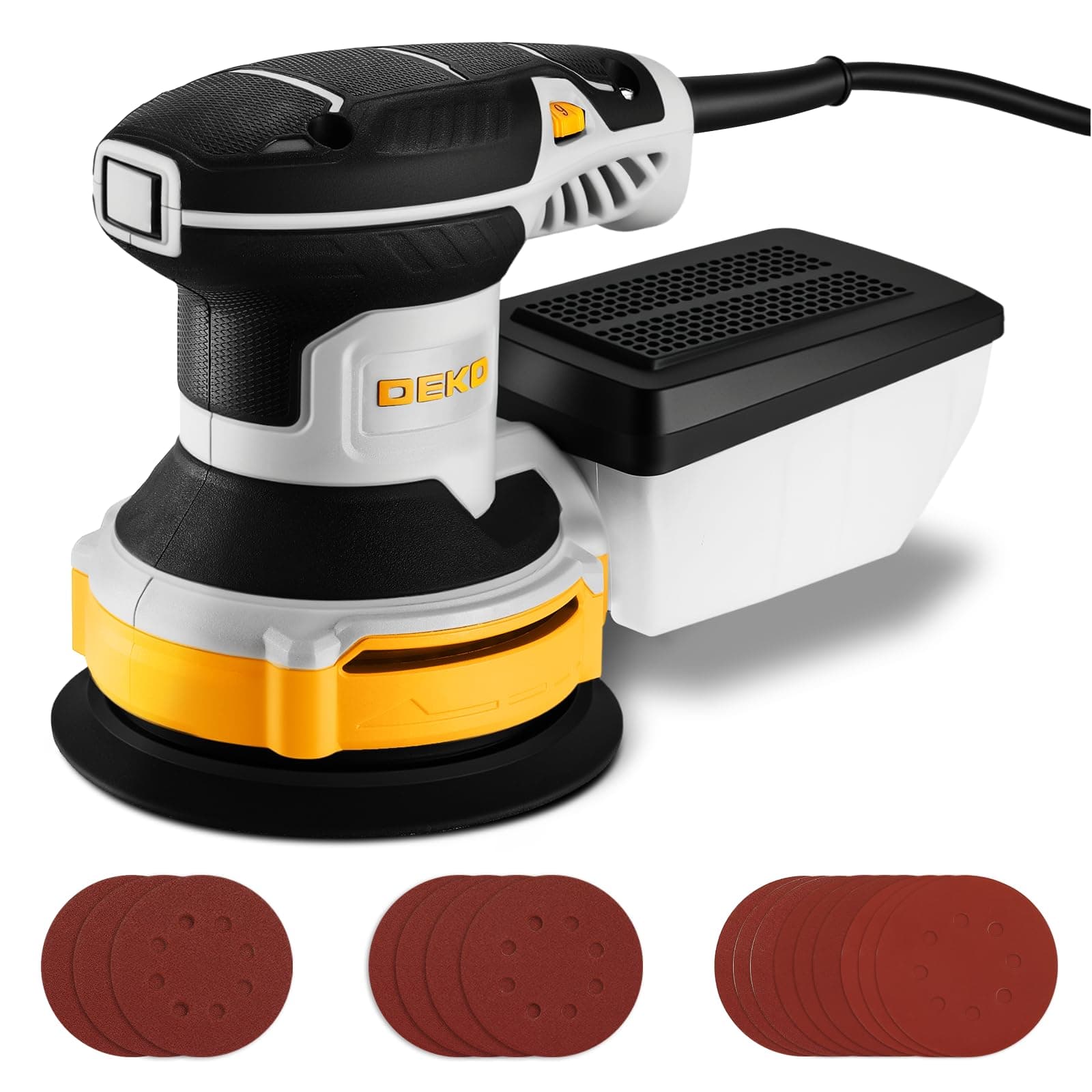 Exzenterschleifer 125mm mit Absaug 300W: DEKOPRO Schleifmaschine für Holz mit 16 Schleifpapieren,6 Geschwindigkeiten,14000 U/min, Hochleistungsentstaubungsanlage - Schleifgerät Holz,Grau Gelb&Grau Angebot bei HelloDeals