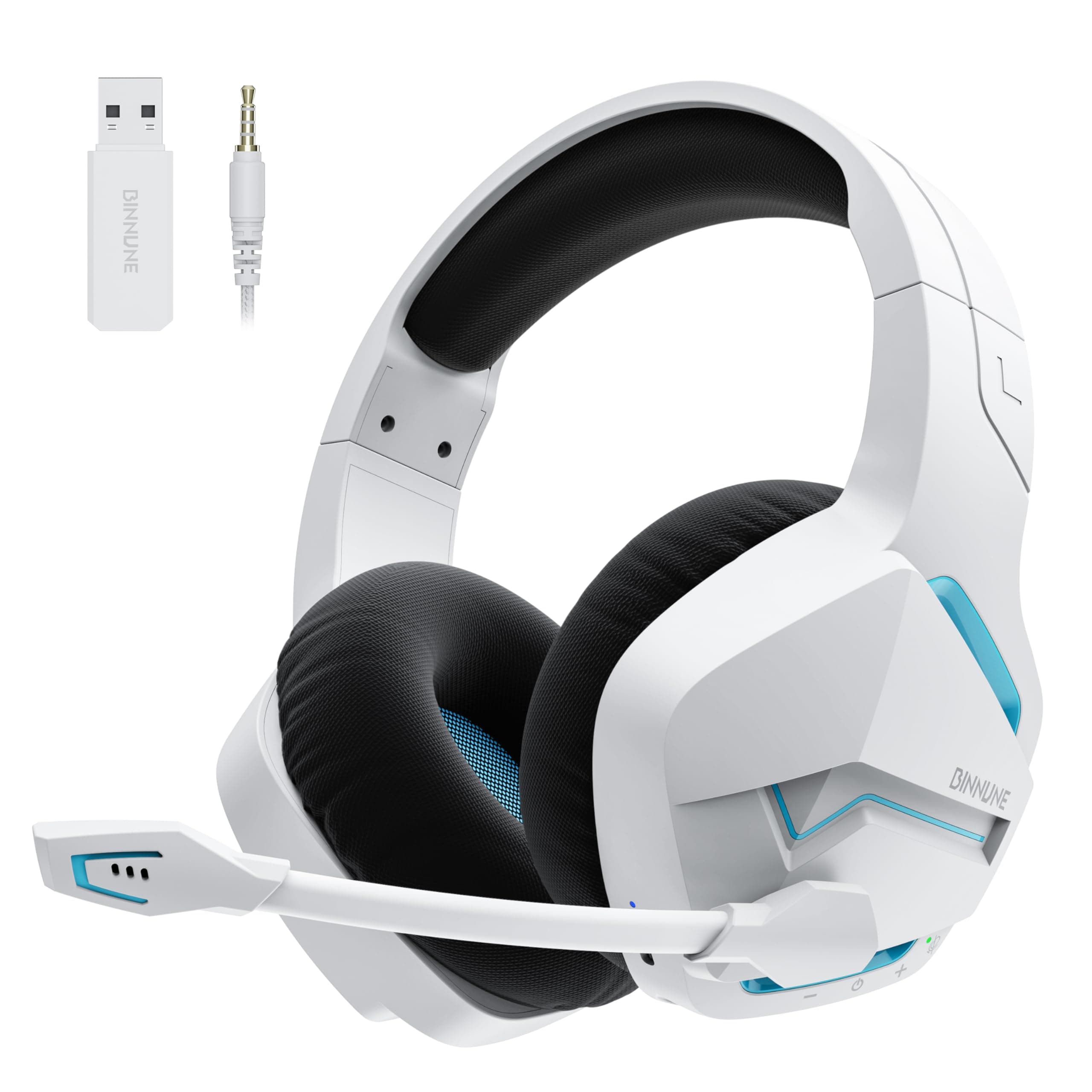 BINNUNE Gaming Headset, Wireless Headset für PS4 PS5 PC Playstation 4 5, Gaming Kopfhörer mit Mikrofon Bluetooth USB Gaming Headset Wireless mit 120 Stunden Akkulaufzeit Weiß/Blau Angebot bei HelloDeals