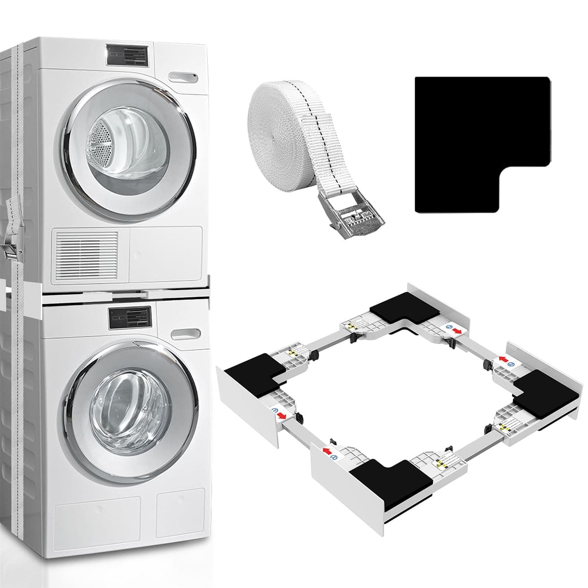 Neues Verbindungsrahmen für Waschmaschinen/Trockner, universal Zwischenbaurahmen Waschmaschine Trockner mit Ratschenseil Weiß, 46-66cm Dünnes Zwischenbausatz Angebot bei HelloDeals