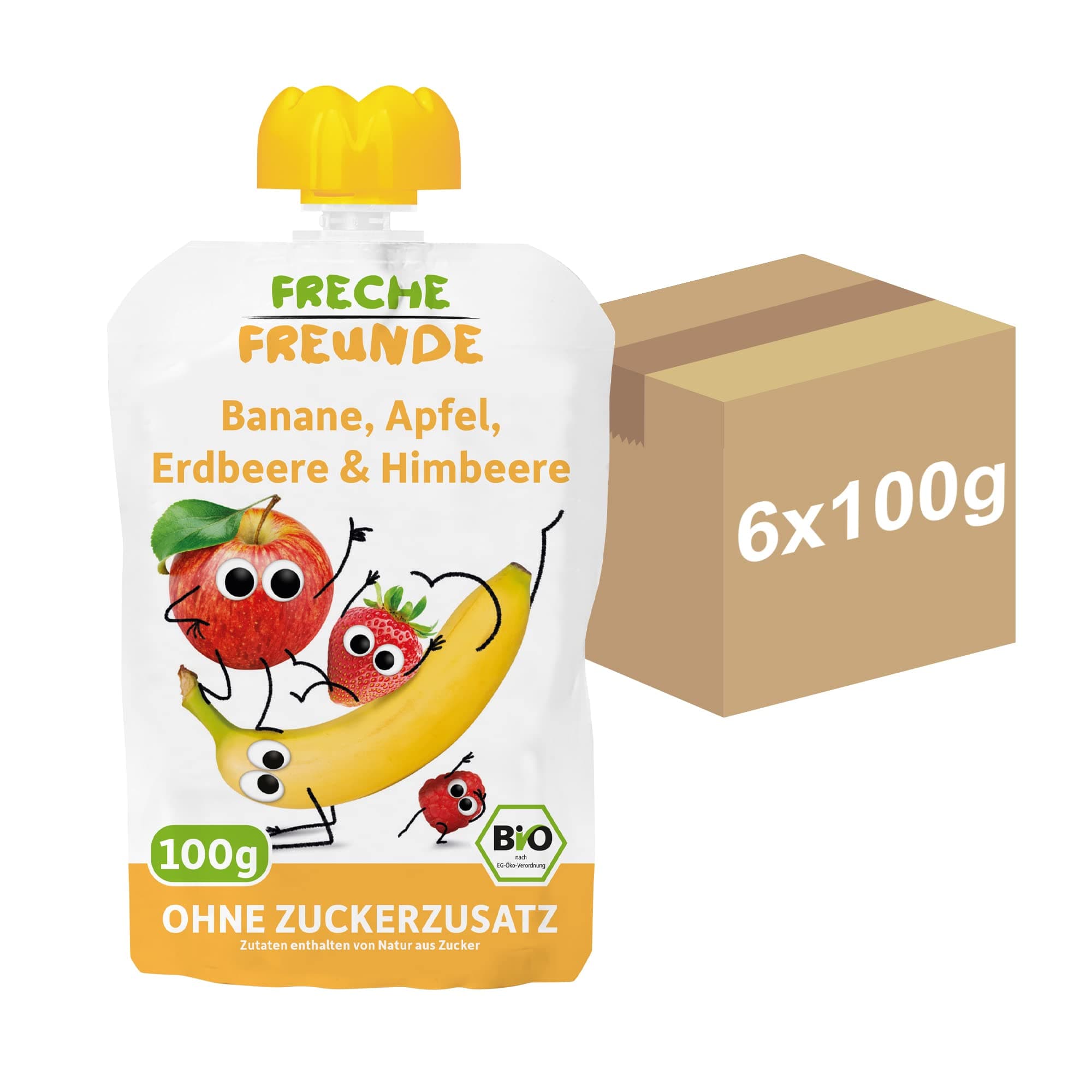 FRECHE FREUNDE Bio Quetschie Banane, Apfel, Erdbeere & Himbeere, Fruchtmus mit Obst im Quetschbeutel für Babys ab dem 6. Monat, vegan, 6er Pack (6 x 100g) Angebot bei HelloDeals