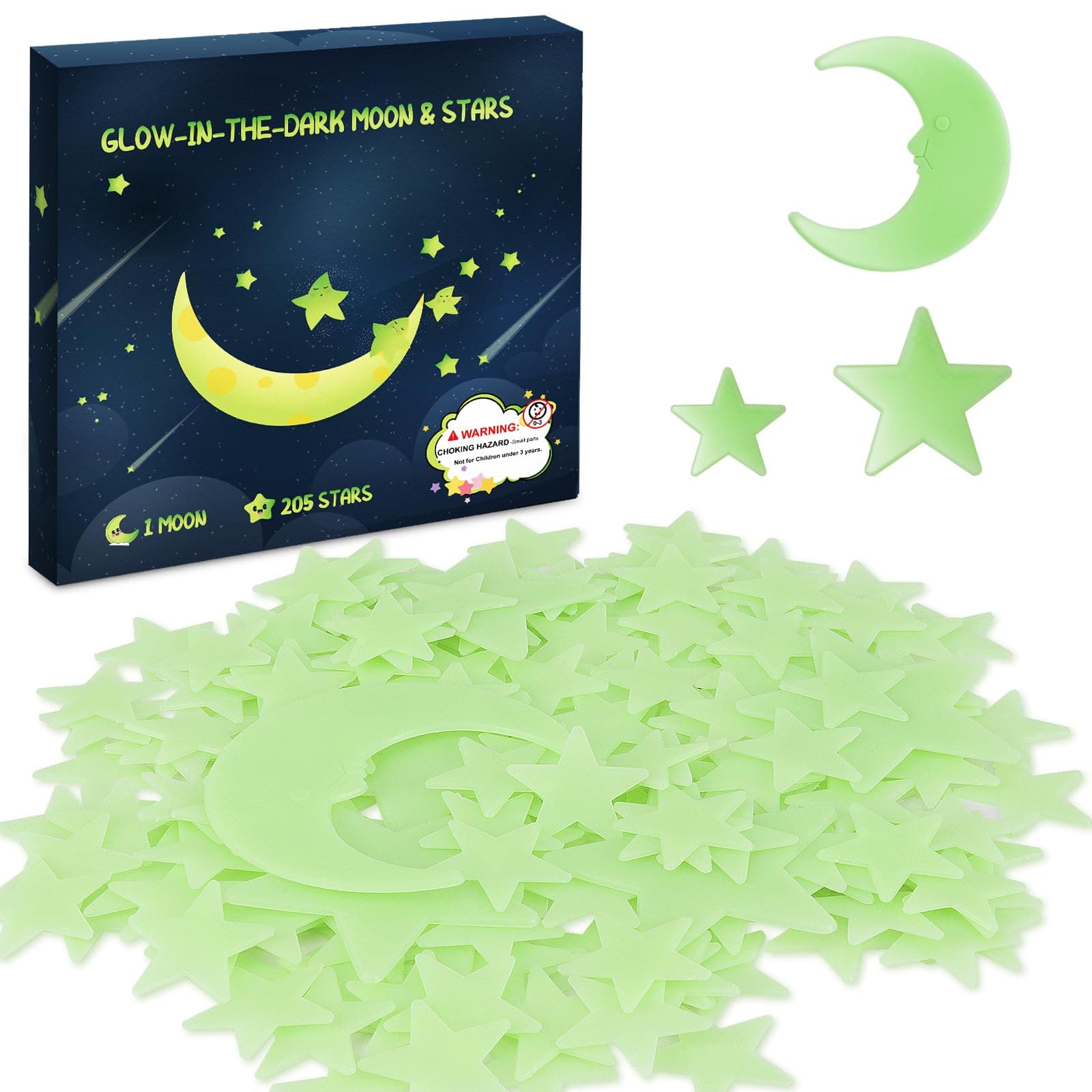 Leuchtende Sterne Wandsticker im Dunkelen für die Decke, Selbstklebend 205 Stück 3D Leuchtende Aufkleber Sterne und Mond für Kinderzimmer, Erstellen Realistischen Sternenhimmel, Raumdeko Grün Leuchtende Sterne Wandsticker Angebot bei HelloDeals