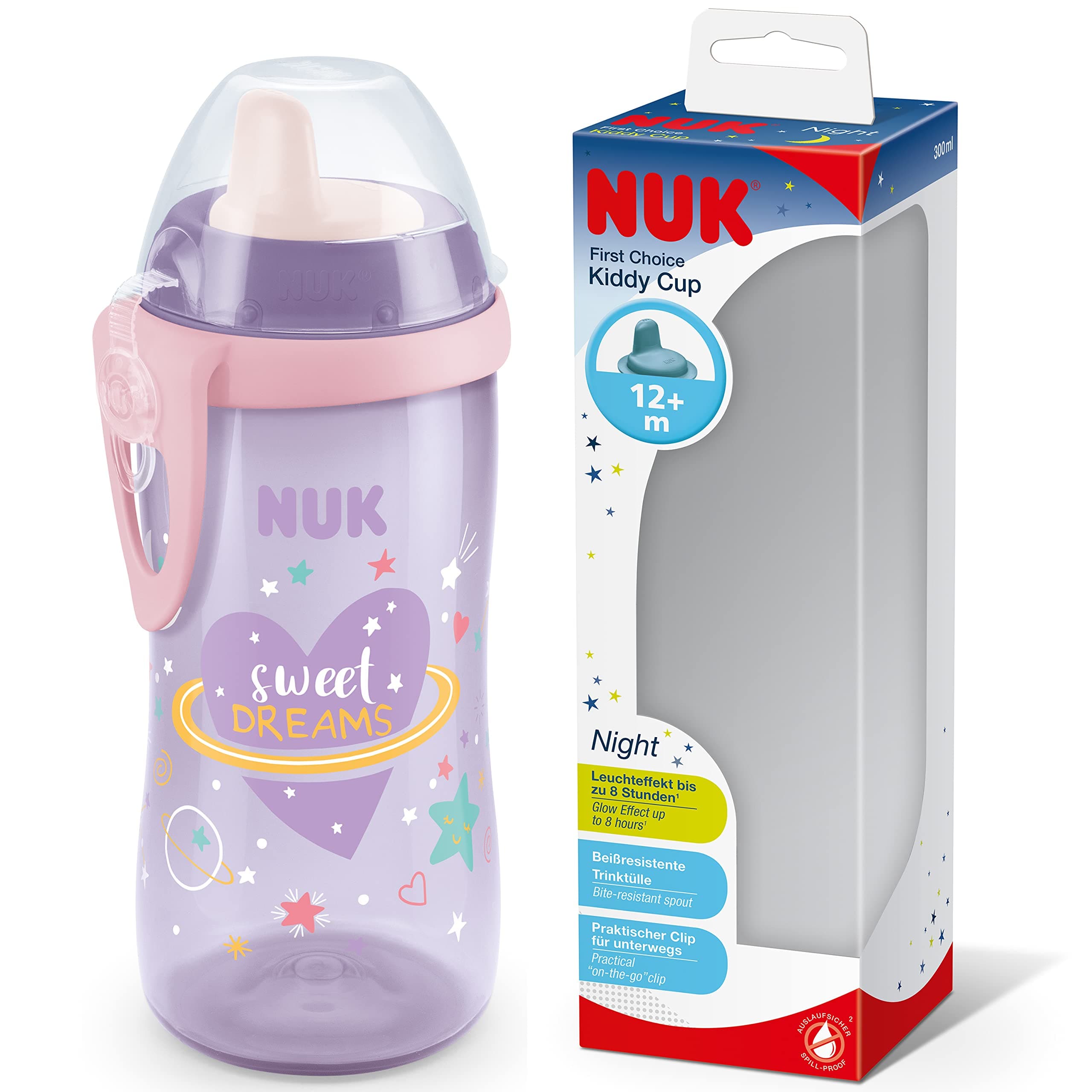 NUK Kiddy Cup Night Trinkbecher für Kleinkinder | 12+ Monate | 300 ml | Auslaufsicheres, verstärktes Mundstück | Leuchtet im Dunkeln | Clip & Schutzkappe | BPA-frei | Lila Rosa Kiddy Cup (Leuchteffekt) Angebot bei HelloDeals