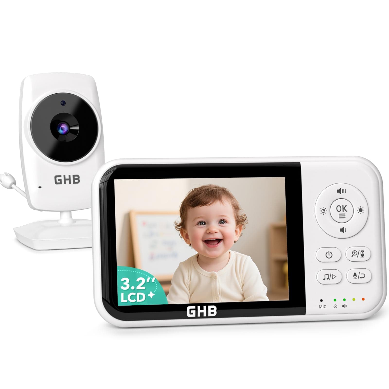 GHB Babyphone mit Kamera Baby Monitor 3,2 Zoll LCD 2100 mAh Akku 2X Zoom Temperatursensor Nachtsicht Gegensprechen Angebot bei HelloDeals