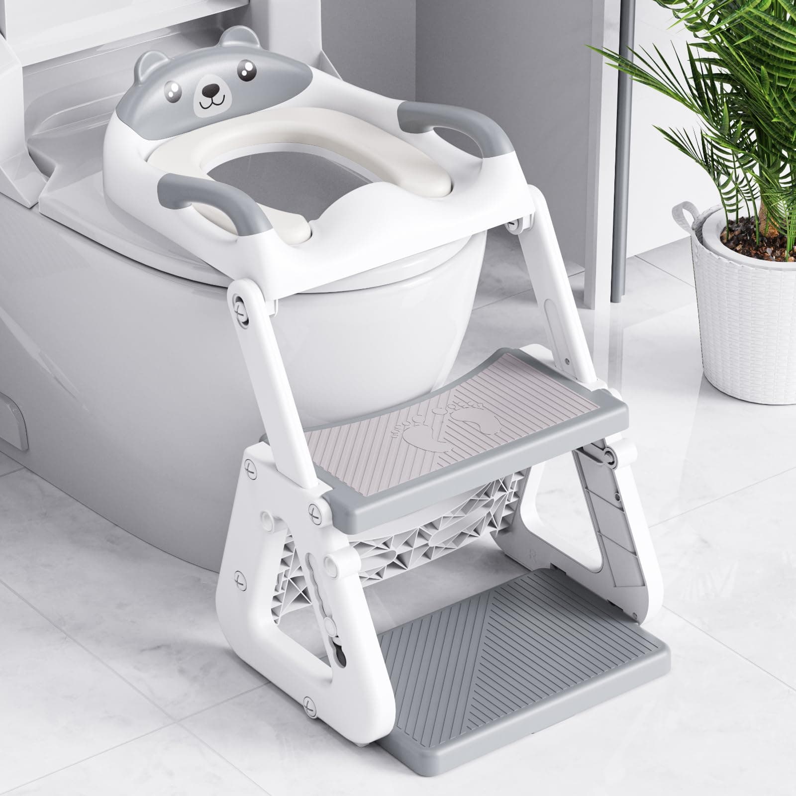 Orzbow Toilettensitz Kinder mit Treppe, Stabil Kinder Toilettensitz mit Dreiecksstruktur, Verlängerter Pedal- und Spritzschutz und Wasserdichtes PVC-Polster, Rutschfest und Faltbar, Grau Angebot bei HelloDeals