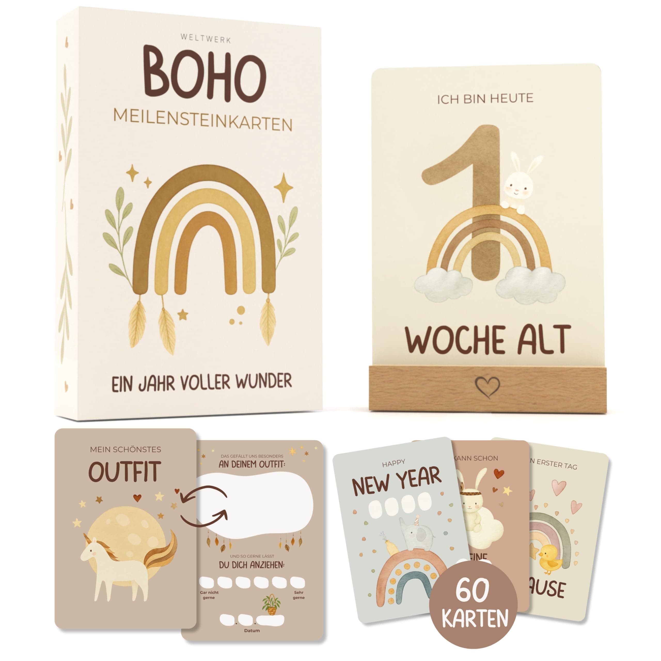 Meilensteinkarten Baby [Boho] 60 Monatskarten mit beschreibbaren Rückseiten – inkl. Geschenkbox und Holzaufsteller – Geschenk zur Schwangerschaft, Babyshower und Geburt Angebot bei HelloDeals