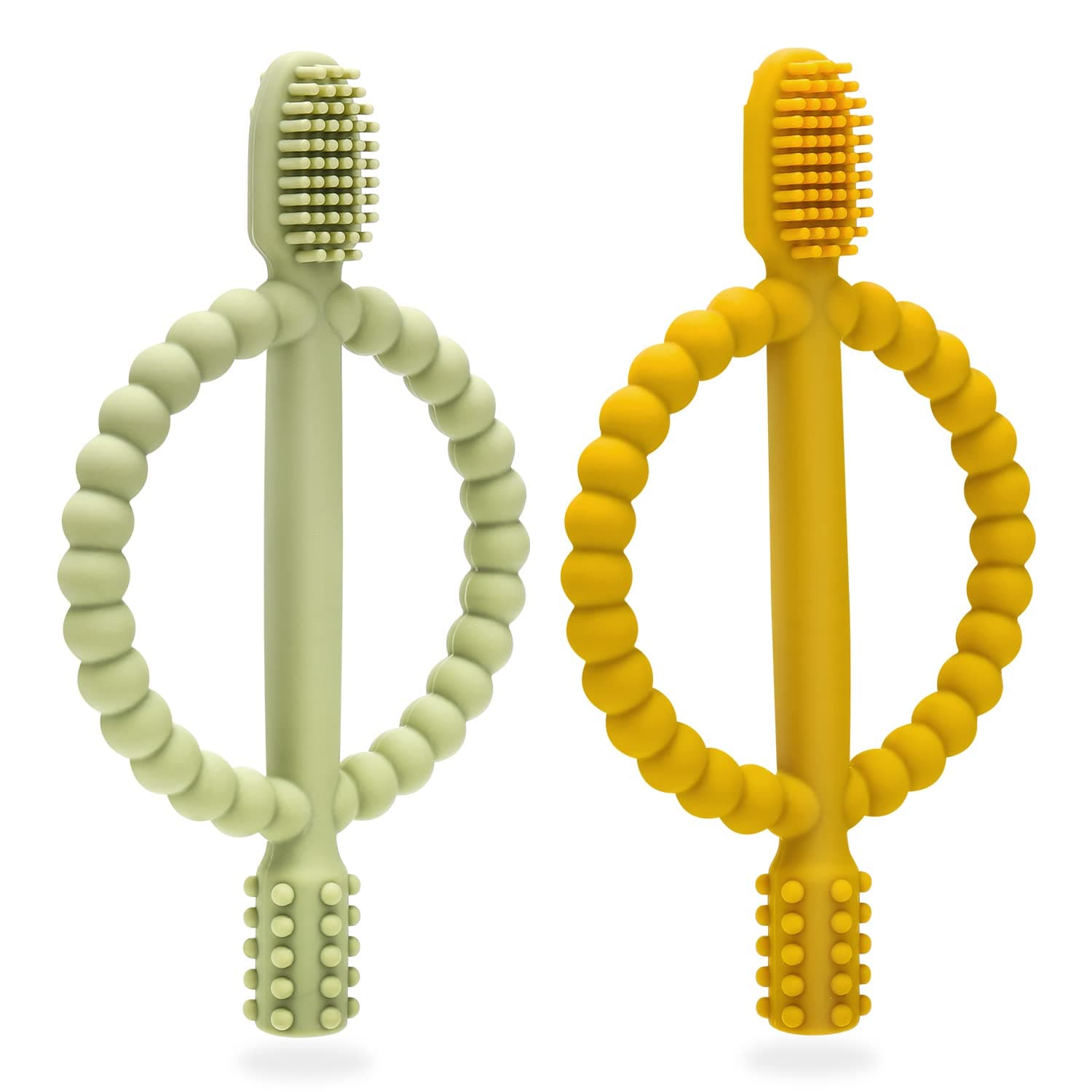 Baby Beißspielzeug, 2 Stück Kinderzahnbürste Zahnungshilfe, Beißring aus Silikon BPA-frei, wundes Zahnfleisch zu stimulieren und zu massieren,ab 3 Monaten Dark Green & Dark Yellow Angebot bei HelloDeals