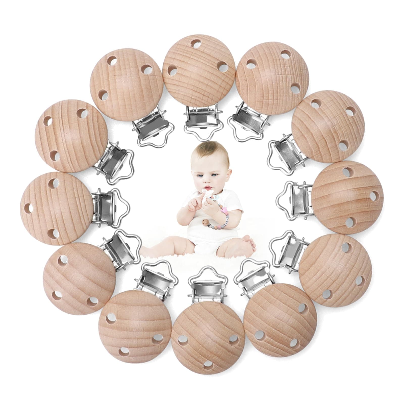 12 Stück Schnullerclip Holz,Baby Schnullerketten Clips Schnuller Clips Verhindert das Fallenlassen oder Verlieren des Schnullers Schnullerketten Zubehör für DIY Schnullerkette Basteln Angebot bei HelloDeals