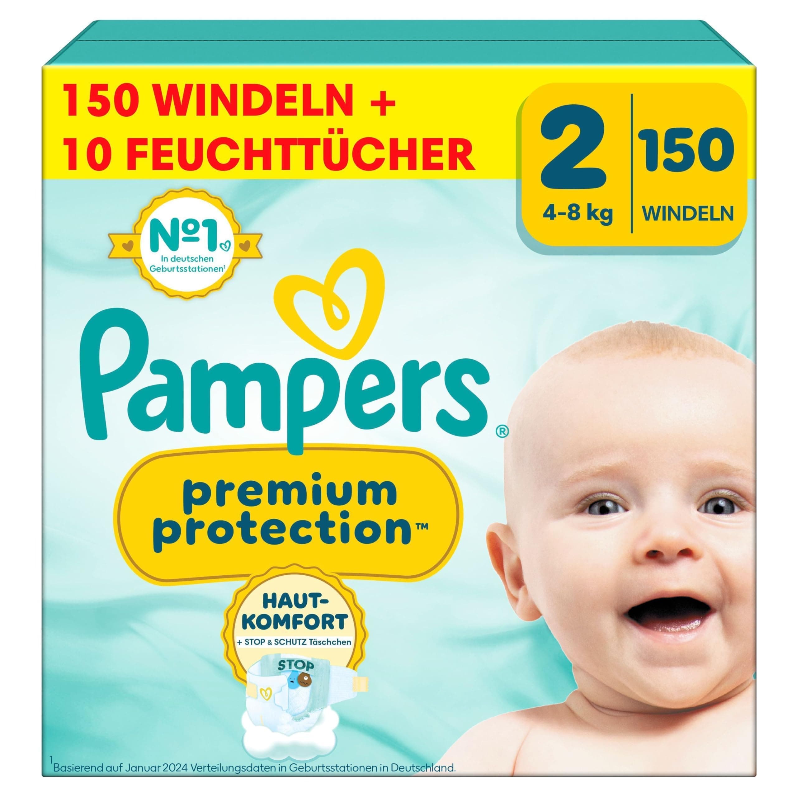 Pampers Premium Protection Größe 2, Windeln, 4kg-8kg, Doppelter Schutz für die Haut und vor Auslaufen +10 Stück Pampers Aqua Baby-Feuchttücher enthalten Angebot bei HelloDeals