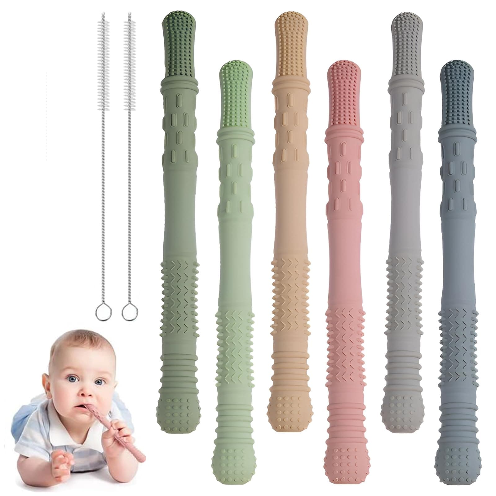 Beißröhrchen Zahnungshilfe Baby BPA-frei, 6 Stück Silikon Kaustange Baby Zahnen, Beißstange mit 2 Reinigungsbürsten, Beißstab Zahnen Hilfe, Beißring Beißspielzeug ab 3 Monate, Spülmaschinenfest Angebot bei HelloDeals