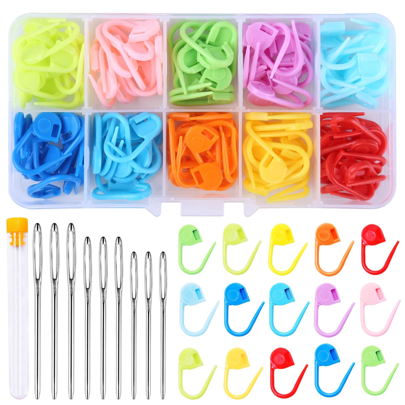 Doxiru 130 Stück Häkel-Maschenmarkierer, 10 Farben, Strickmarker, Häkelklammern, 9 Stück Nähnadeln mit großem Öhr, mit Aufbewahrungsbox für DIY Häkel-Bastelprojekte Angebot bei HelloDeals