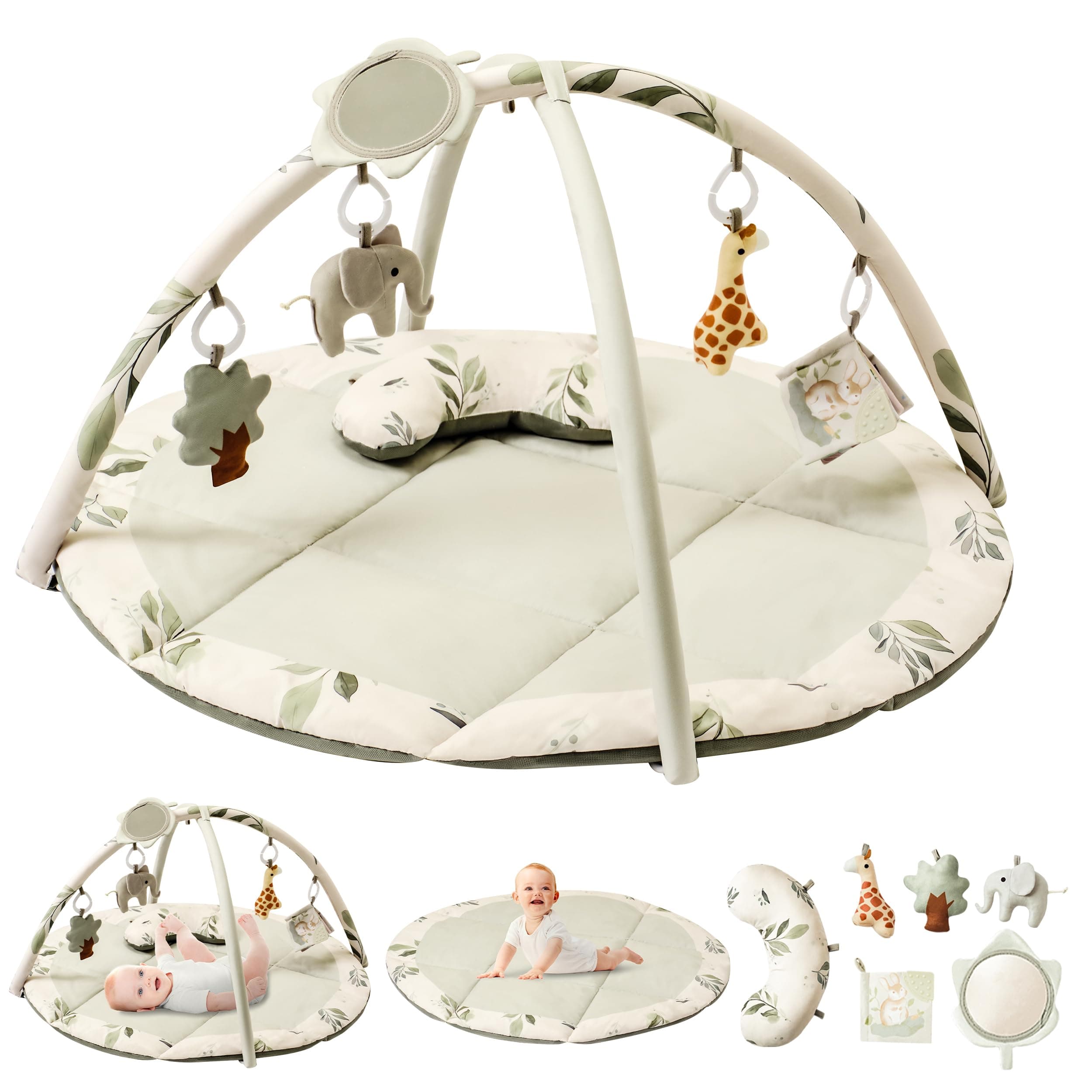 Fortella Spielbogen Baby, Spielmatte mit Bauchzeit Kissen und 5 Sensorik Spielzeug Abnehmbarem,Naturthemen Krabbeldecke für Babys ab der Geburt, Neugeborene & Kinder, 0-6-9-12 Monate-Salbeigrün Angebot bei HelloDeals