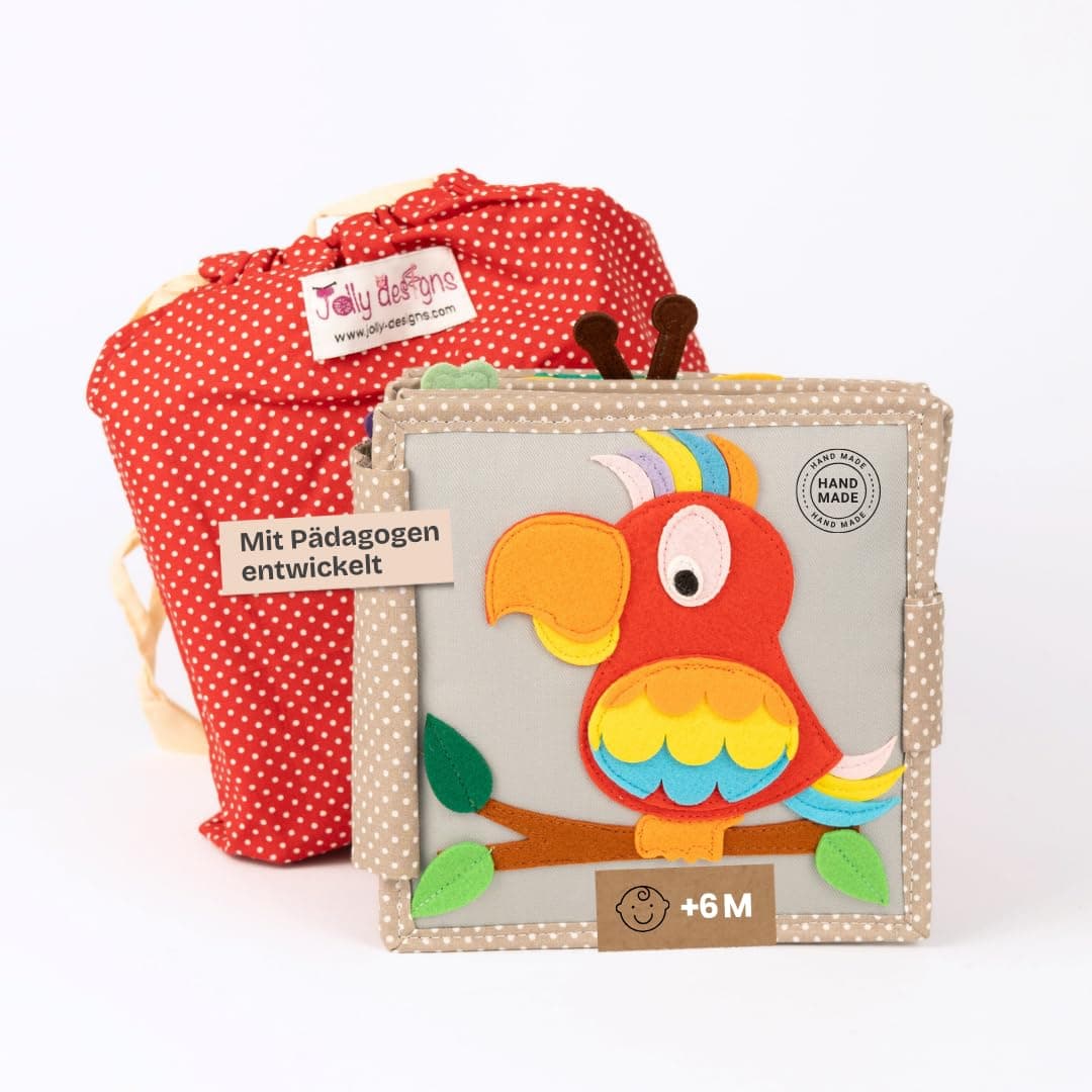 Jolly Designs Mini Quiet Book Schillernder Papagei – Montessori Spielzeug ab 6 Monaten – Fühlbuch & Busy Book ohne lose Teile – Stoffbuch & Motorikspielzeug aus Filz – Lernspielzeug für Babys Angebot bei HelloDeals