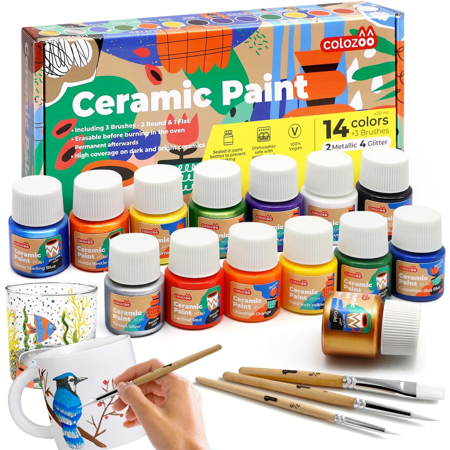 Glas und Porzellanfarbe Spülmaschinenfest | 14x20ml Farbe inkl. Gold, Silber, 4 Glitzerfarben & 3 Pinsel | Keramik Bemalen Set vor dem Backen löschbar und danach Wasserfest Angebot bei HelloDeals