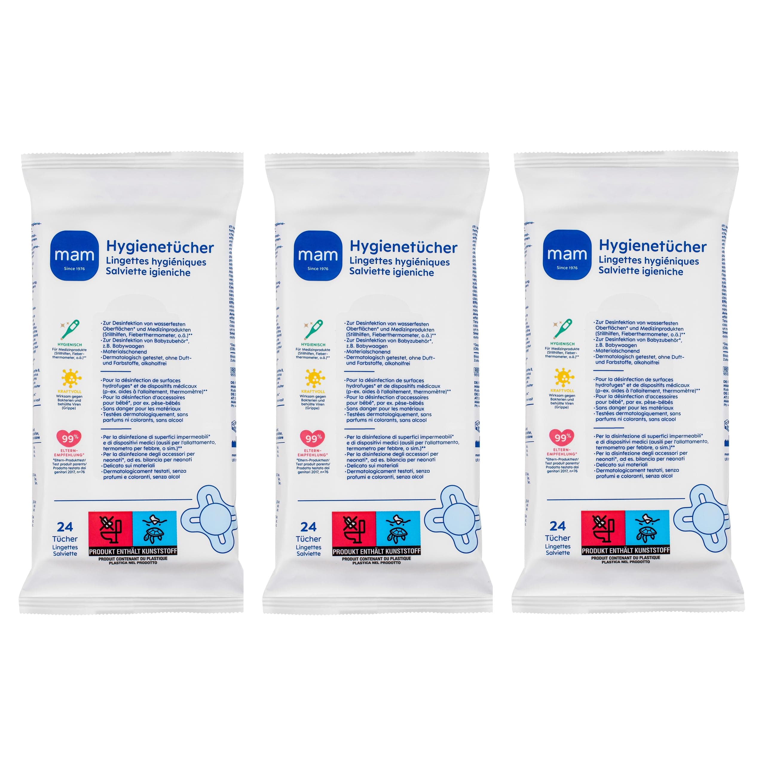MAM Hygienetücher im 3er Pack (3x 24 Stück), Reinigungstücher für Medizinprodukte und Babyzubehör, Hygienetücher wirksam gegen Bakterien und Viren Angebot bei HelloDeals