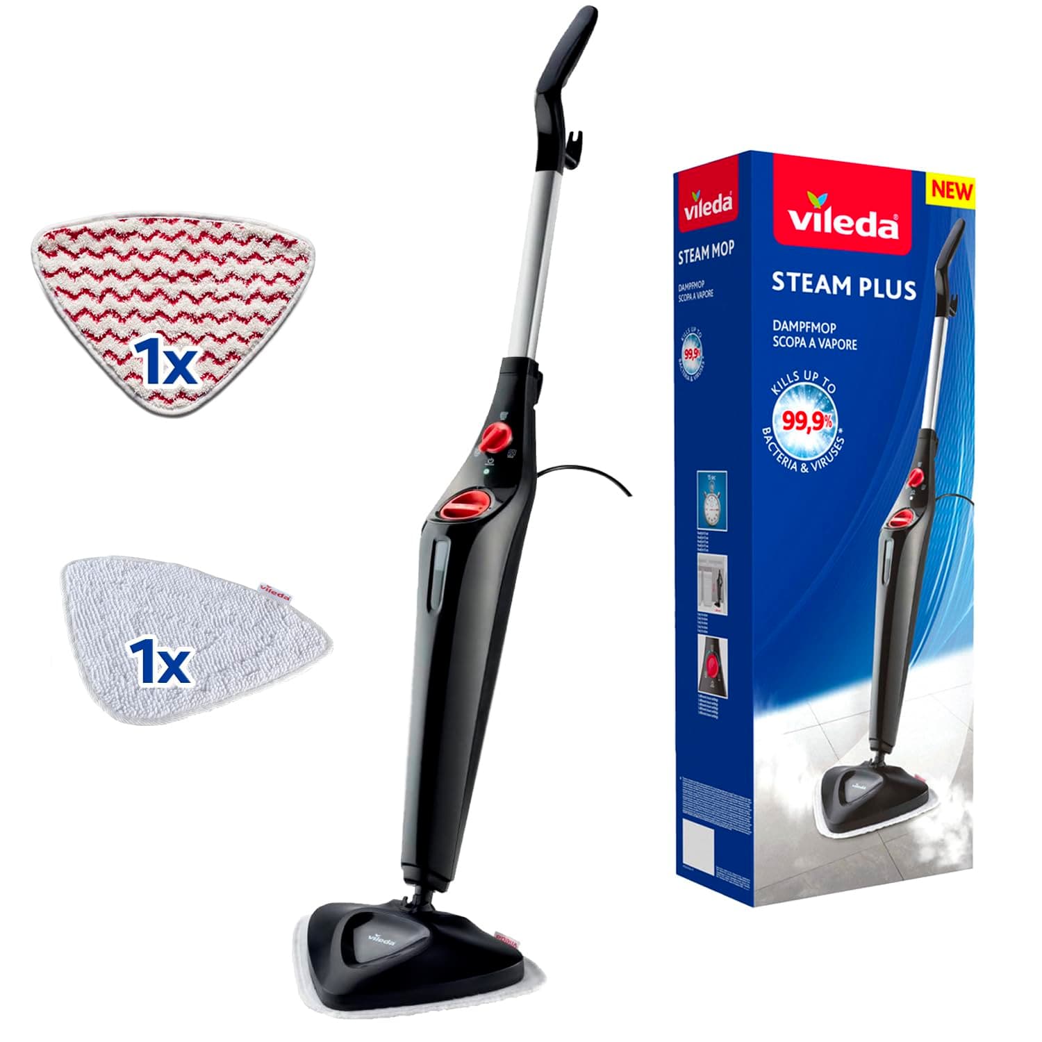 Vileda Steam Plus Dampfreiniger mit PowerPad und Mikrofaser-Ersatzbezug, entfernt bis zu 99,9% der Bakterien und Viren, für alle Böden, ideal für Teppiche, Eco-Verpackung Angebot bei HelloDeals