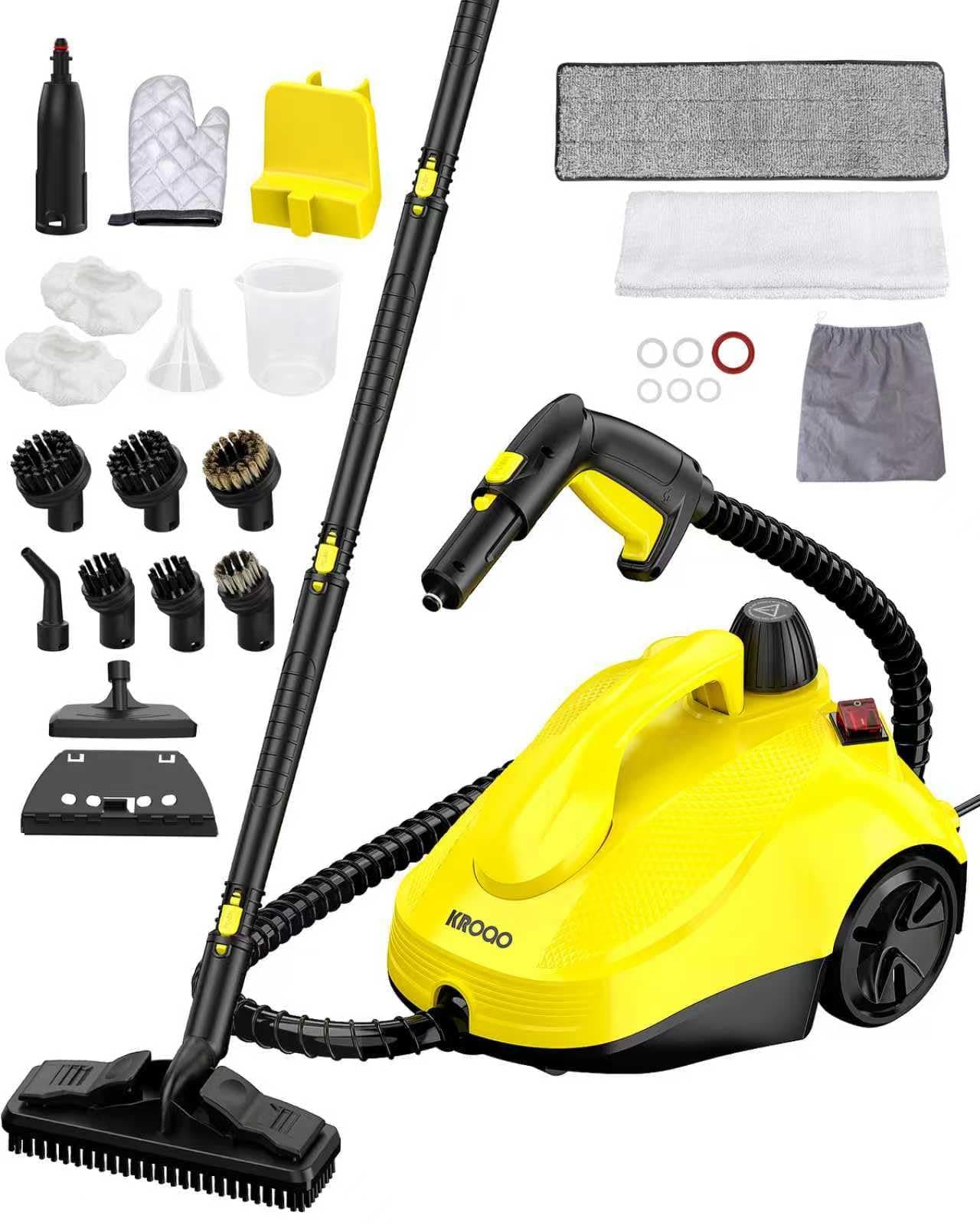 Dampfreiniger mit 23 Zubehörteilen und 5 Meter Netzkabel für die Reinigung von Öfen, Teppichen, Sofas, Polstern, Spielzeug und glatten Böden. Angebot bei HelloDeals